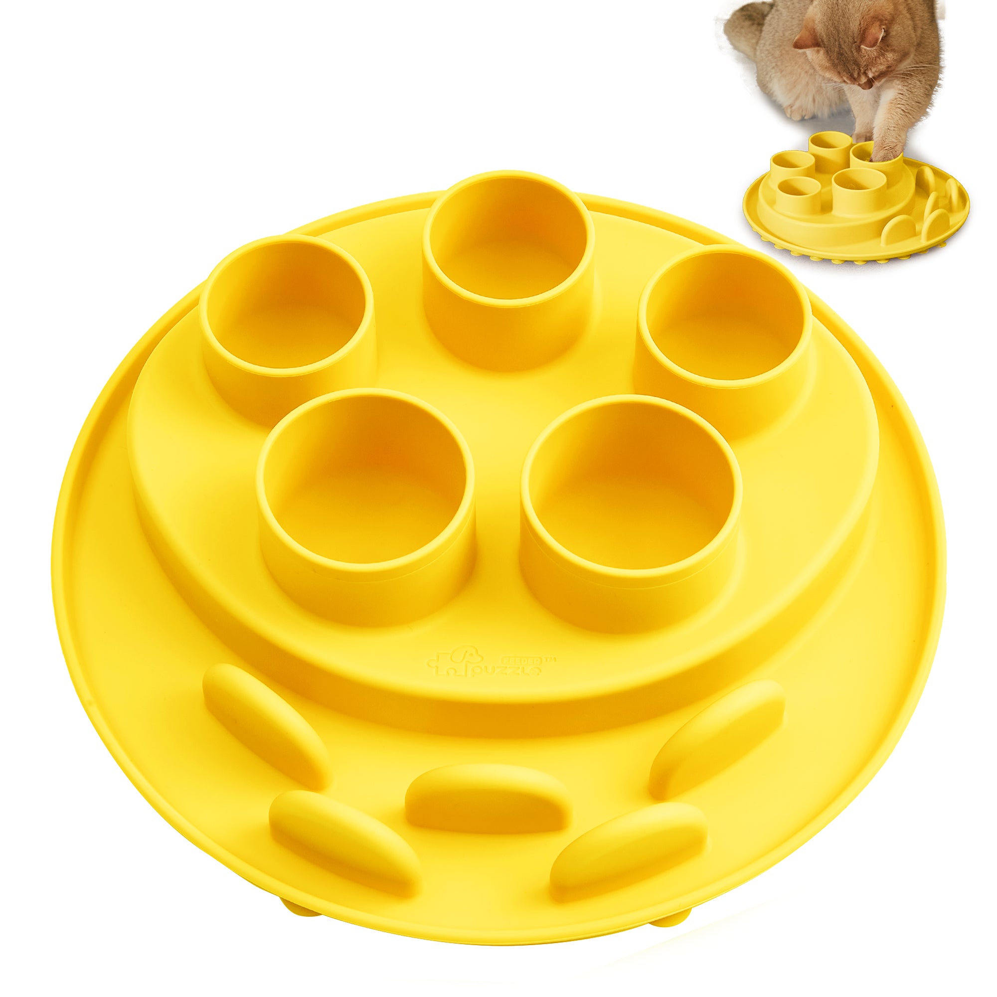 Introducing the Puzzle Digger - For Cat Hunting Instinct (Wheat-Yellow) by Puzzle Feeder™, featuring multiple compartments and raised bumps. Crafted with safe materials and a biomimetic design, this feeder is engineered to challenge and engage your cat's natural hunting instincts during mealtime.