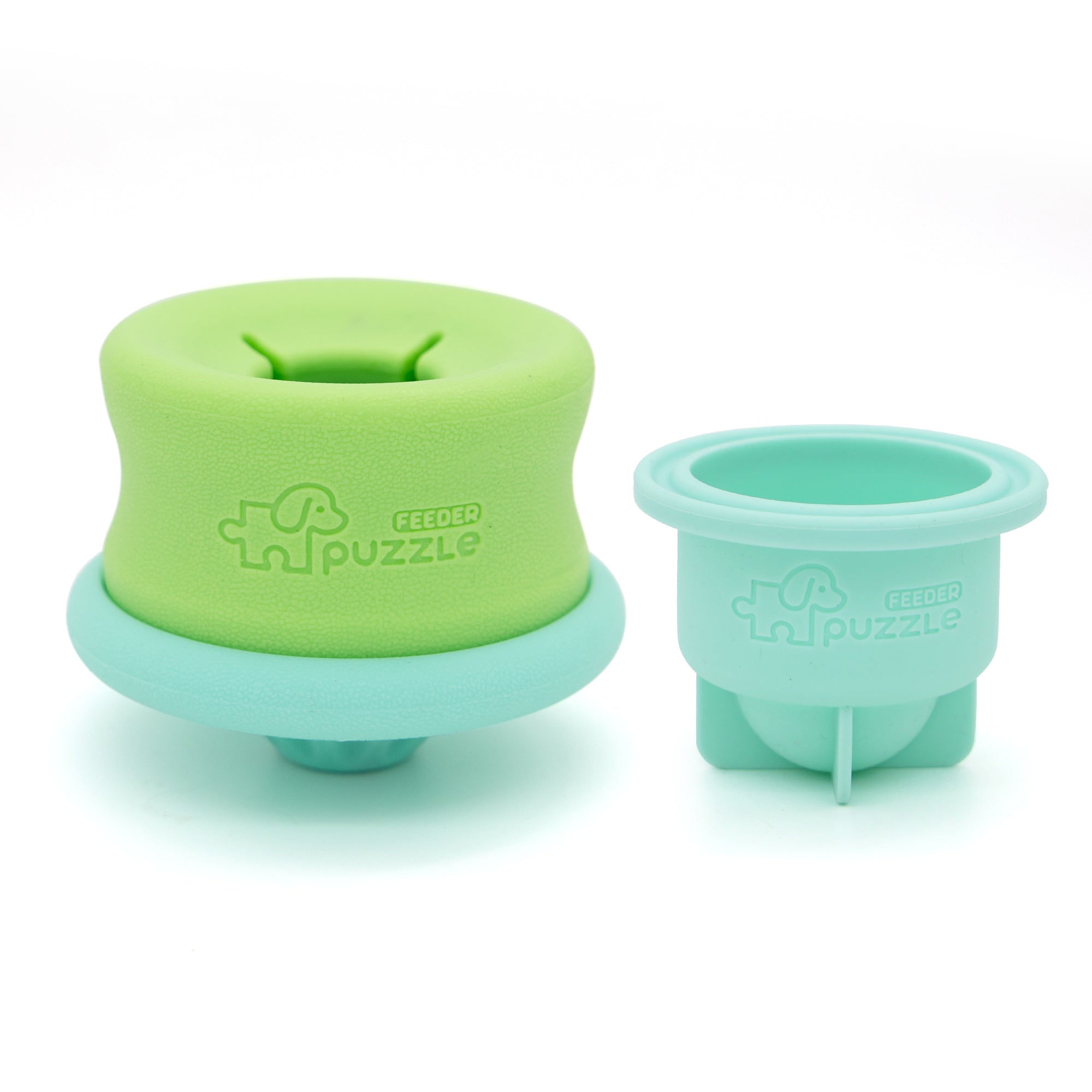 Two PuzzleFeeder™ Puzzle Lickpop Blue interactive enrichment dog toys—slow feeding, treat dispensing, and freezable—shown in green and light blue with “puzzle” and a dog icon printed; perfect for keeping dogs busy.