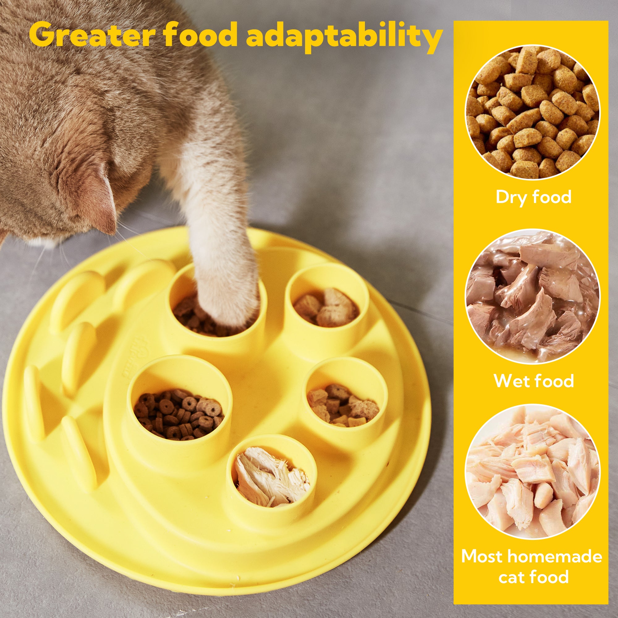 A cat, displaying its hunting instincts, uses its paw to reach into a Puzzle Feeder™ Puzzle Digger in wheat-yellow, filled with dry, wet, and homemade cat foods.