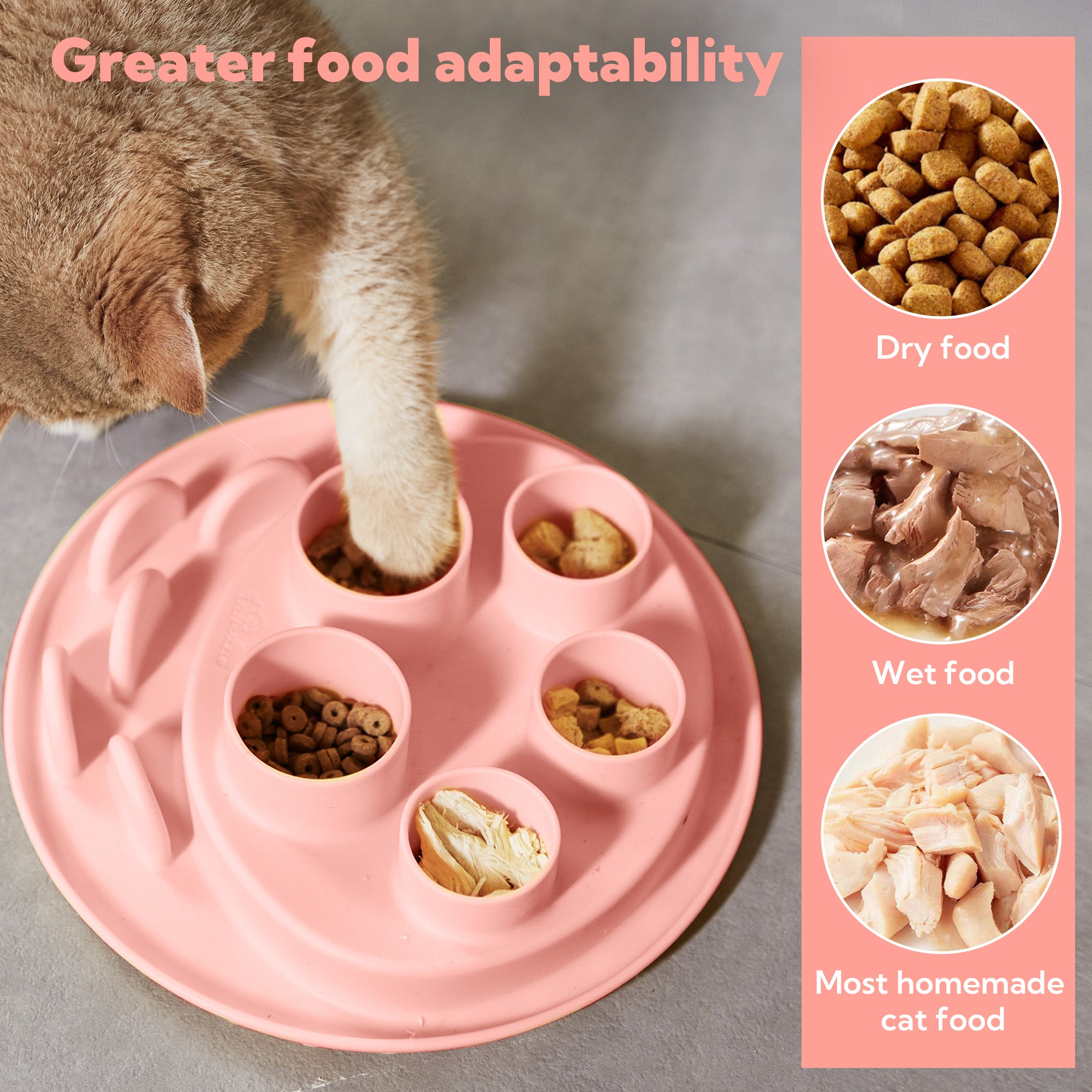 A curious cat uses its paw to extract food from the Puzzle Feeder™ Puzzle Digger in Coral-Pink, mirroring its hunting instinct. Inset images show dry food, wet food, and homemade cat food for comparison, highlighting "Greater food adaptability.