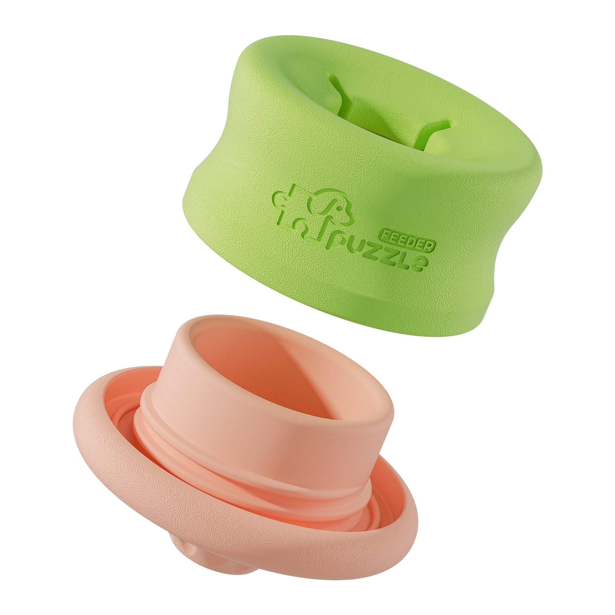 Two PuzzleFeeder™ Puzzle Lickpop toys—pink and green—are interactive, slow-feeding, freezable dog toys for treats, shown isolated on a white background.
