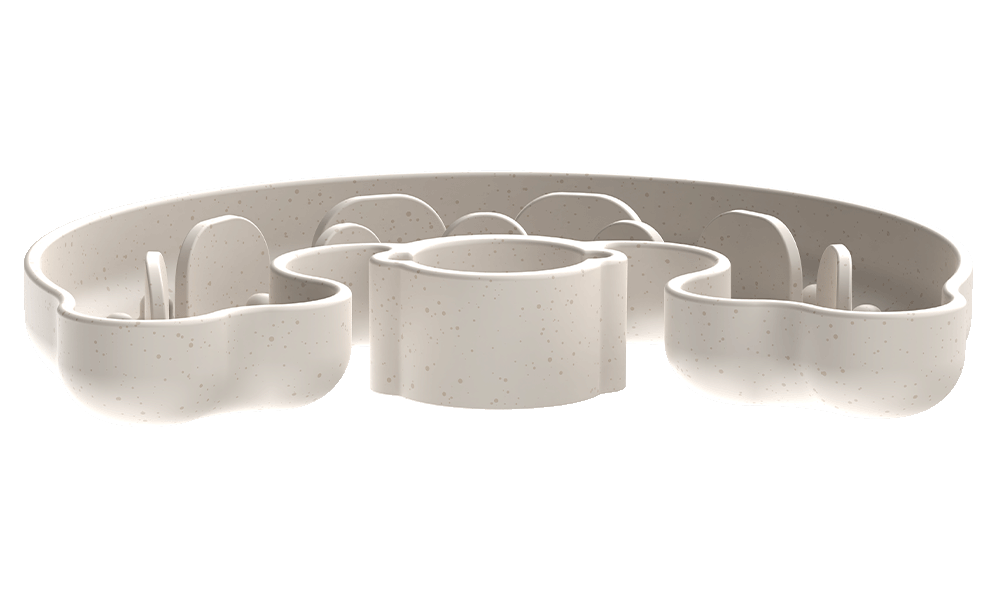 Plastic slow feeder puzzle bowl with multiple compartments and a raised central area, designed to prevent dogs from eating too quickly.