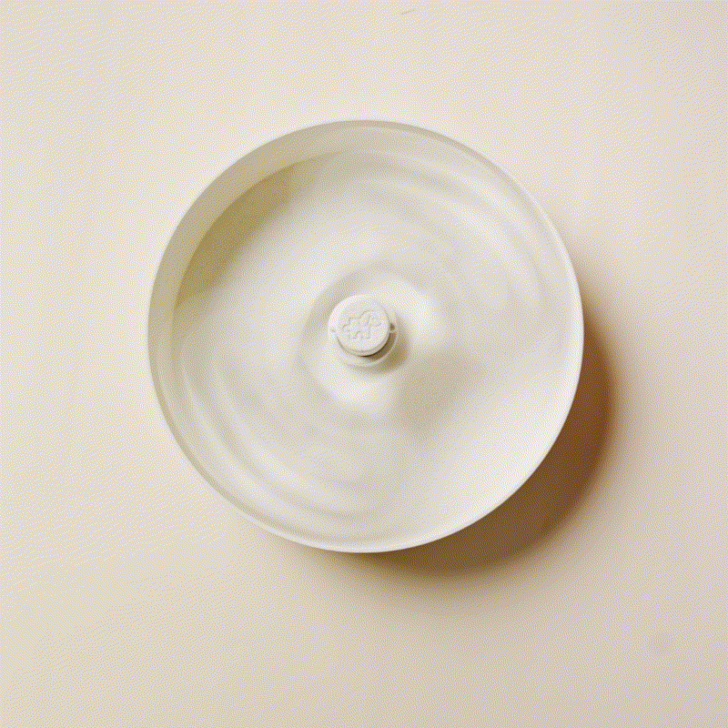 A white circular object with spinning motion creating a blurred effect on the surface, reminiscent of a feeder, centered on a white background.