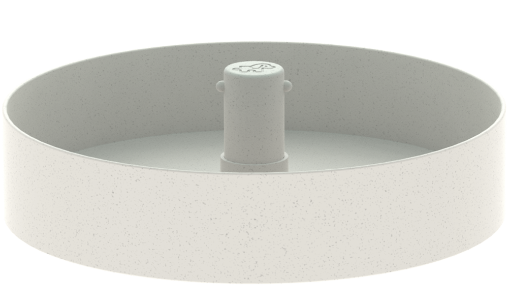 A round grey feeding bowl with a raised center post featuring a small paw print design, crafted as a puzzle to help pets slow down their eating.