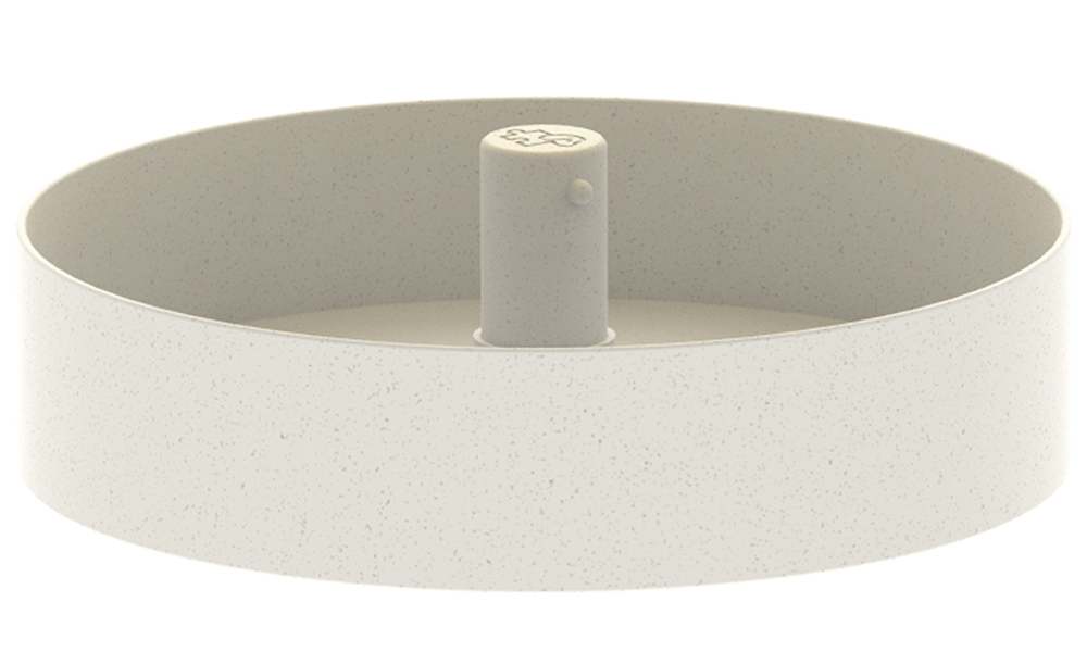 A white cylindrical container with a central raised column featuring a small knob on the side, resembling a puzzle feeder.