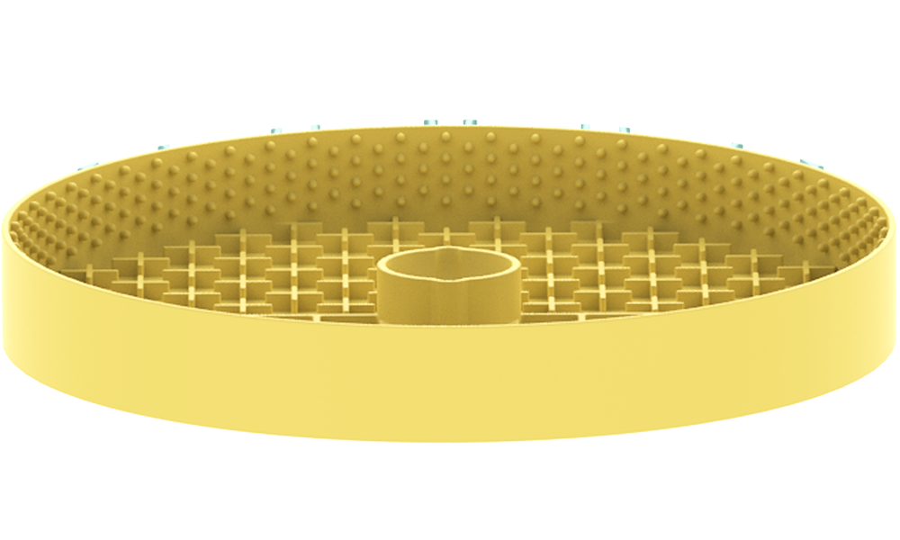 A yellow, round, perforated plastic bowl features a central raised portion and grid-like patterns inside, designed as a slow feeder for pets.