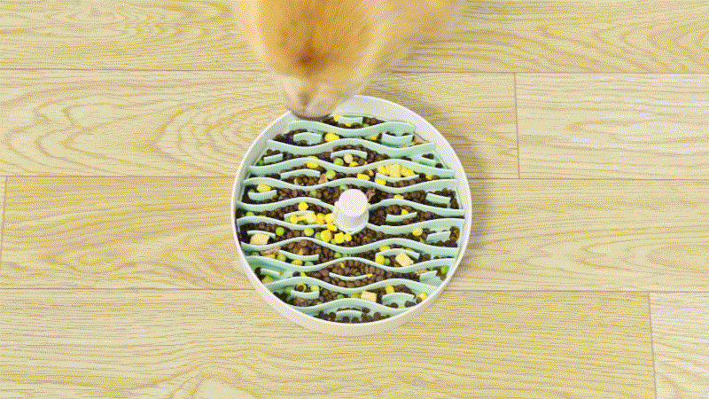 A dog eats from a round puzzle feeder bowl filled with dry dog food and small pieces of yellow food, placed on a light wood floor.