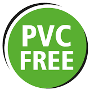 A green circular badge with the text "PVC FREE" in white bold letters, encircled partially by two black arcs—like a lock on a puzzle.