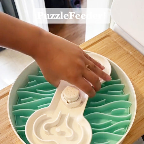 A hand placing food in a white and green puzzle feeder on a wooden surface. The bowl has compartments designed to make it challenging for pets to reach the food.
