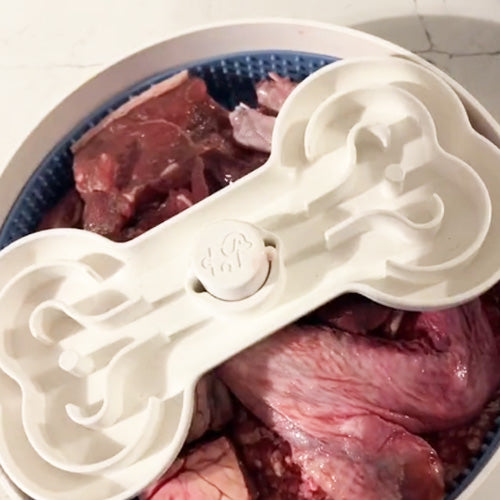A feeder bowl filled with raw meat pieces covered by a white plastic lid shaped like a bone.