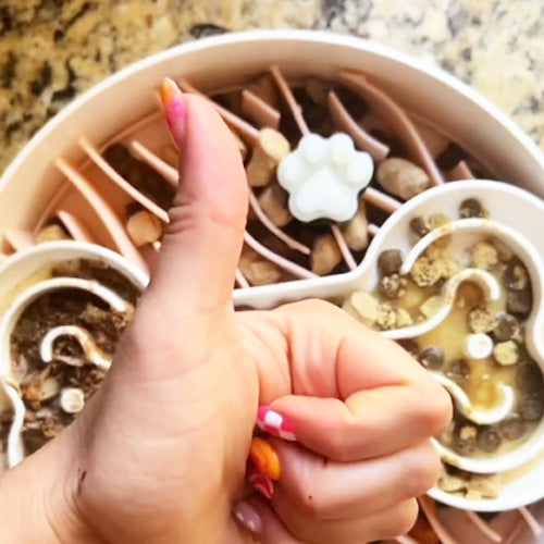 A thumb-up gesture is seen in front of a round dog puzzle feeder filled with various pet food and treats. The food is arranged in shapes, including a paw print in the center, making this slow down bowl perfect for engaging your pup during mealtime.