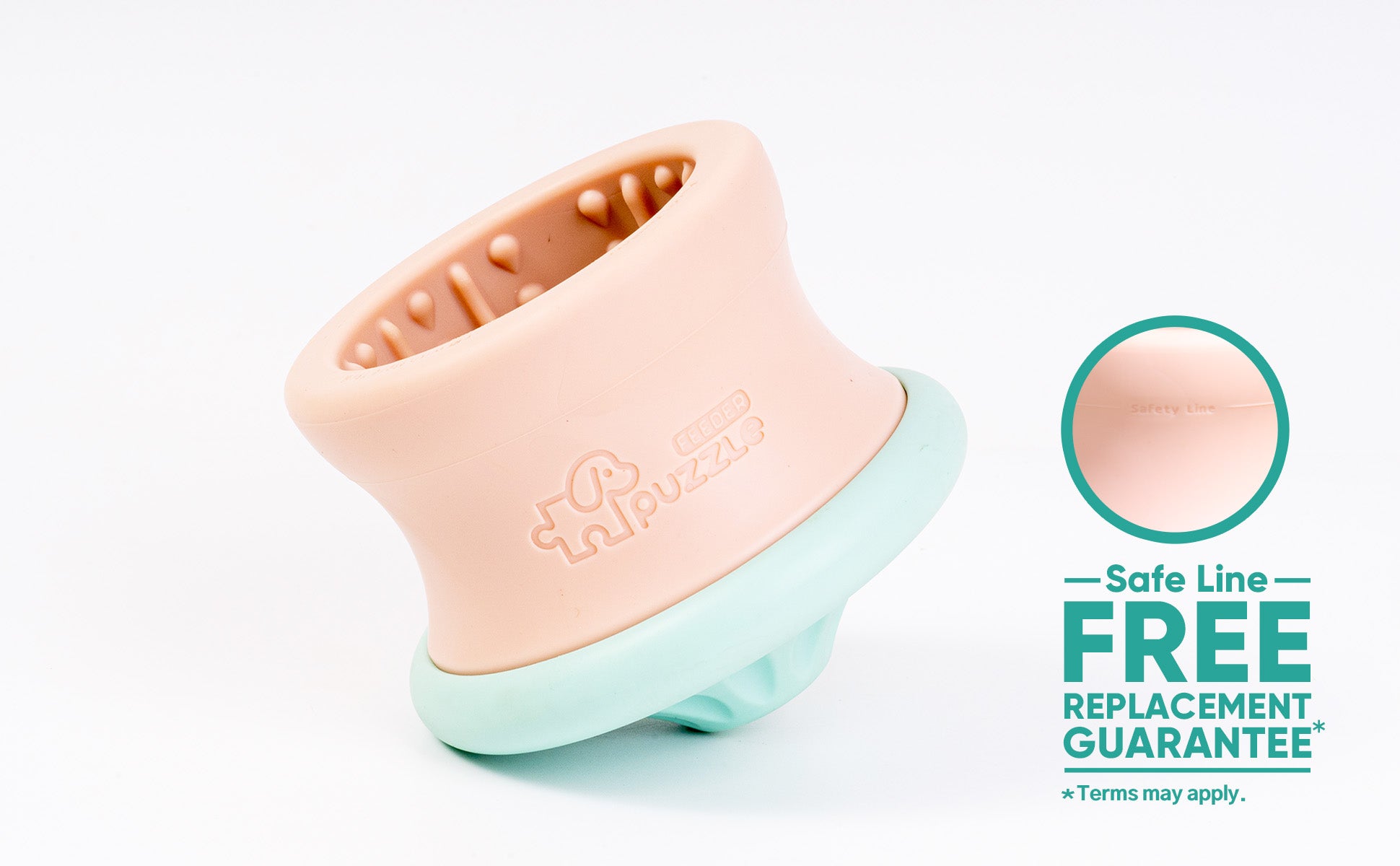 A silicone pet toy with a textured interior, resembling a dog bowl, featuring a blue base. The text on the image highlights a free replacement guarantee with possible terms.