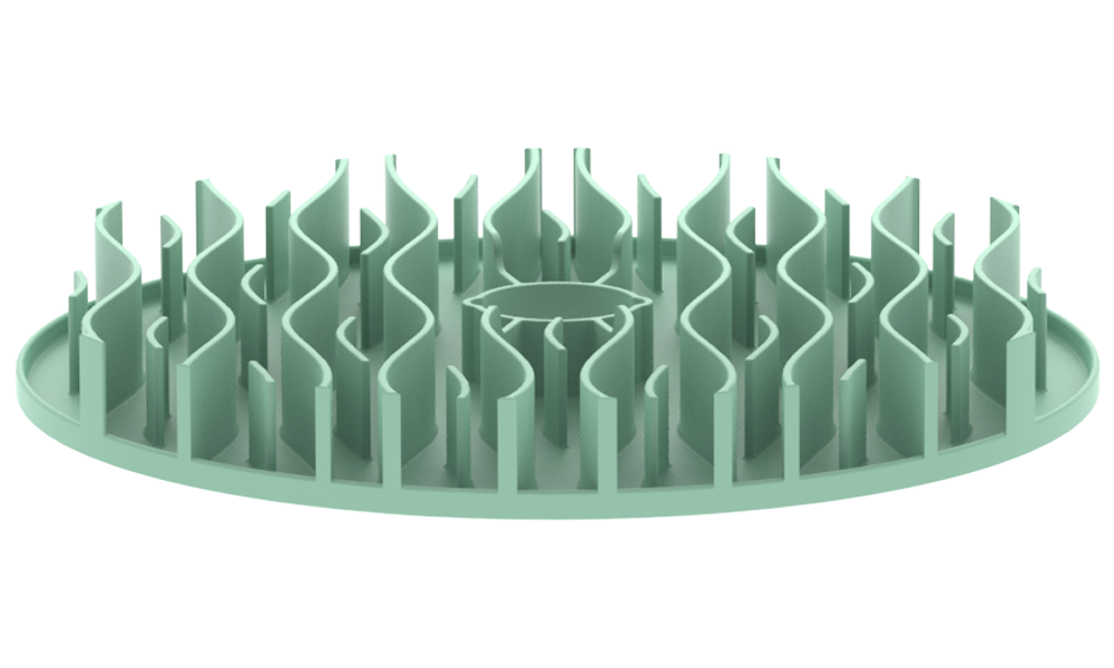 A round, green silicone scrubber with multiple wavy bristles designed for cleaning, and can double as a puzzle feeder to slow down your pet's eating.