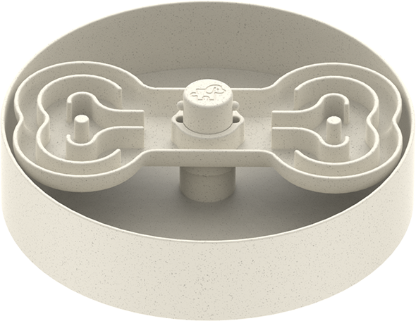 A circular, beige slow-feeder dog bowl with a central pillar and bone-shaped maze pattern designed to slow down a dog's eating.