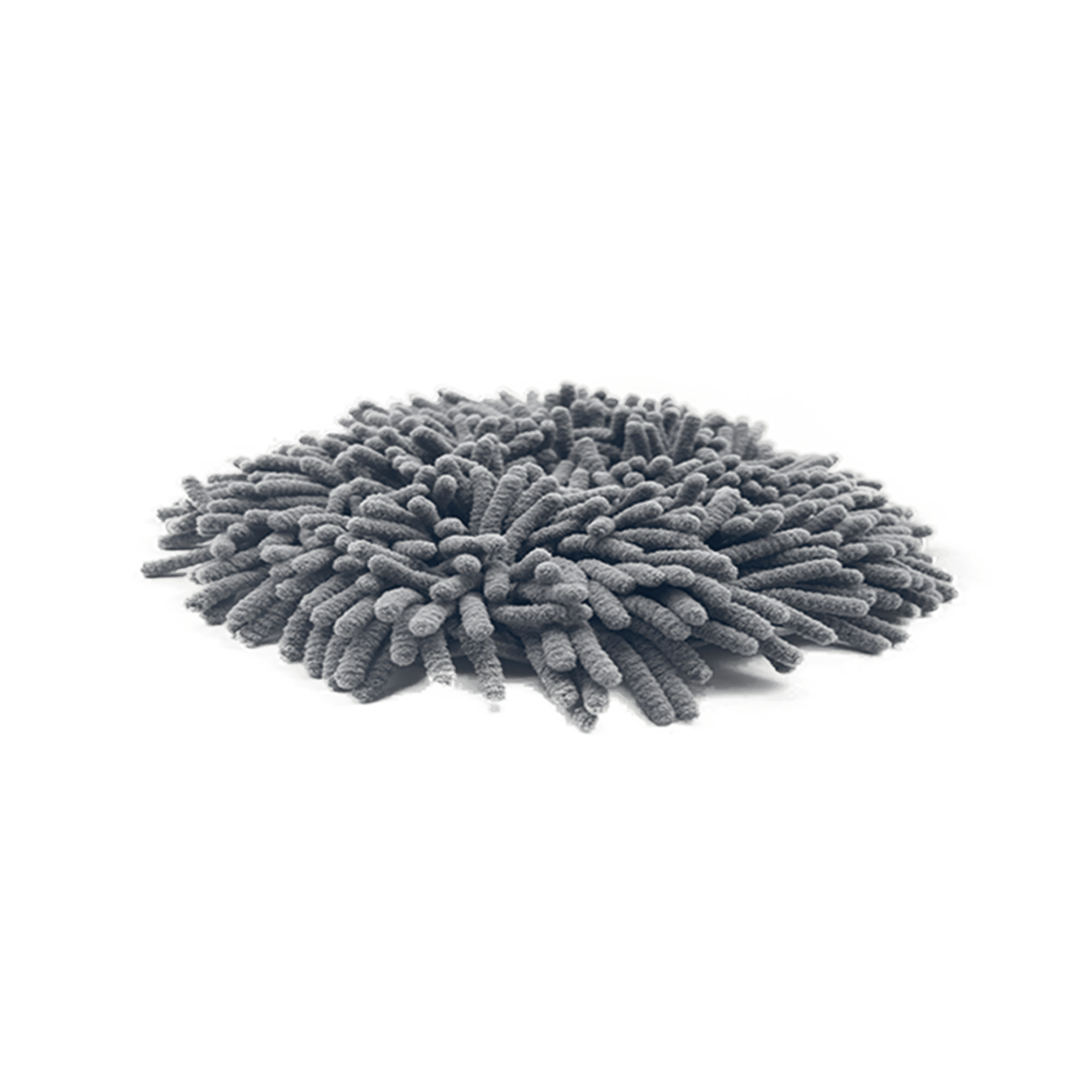 The Dog Sniffing Mat Accessory by Puzzle Feeder™ is a round, dark-colored chenille microfiber mop head featuring numerous soft, absorbent strands arranged in a dense pattern, making it perfect as an anxiety-reducing solution or even as a dog sniff mat.