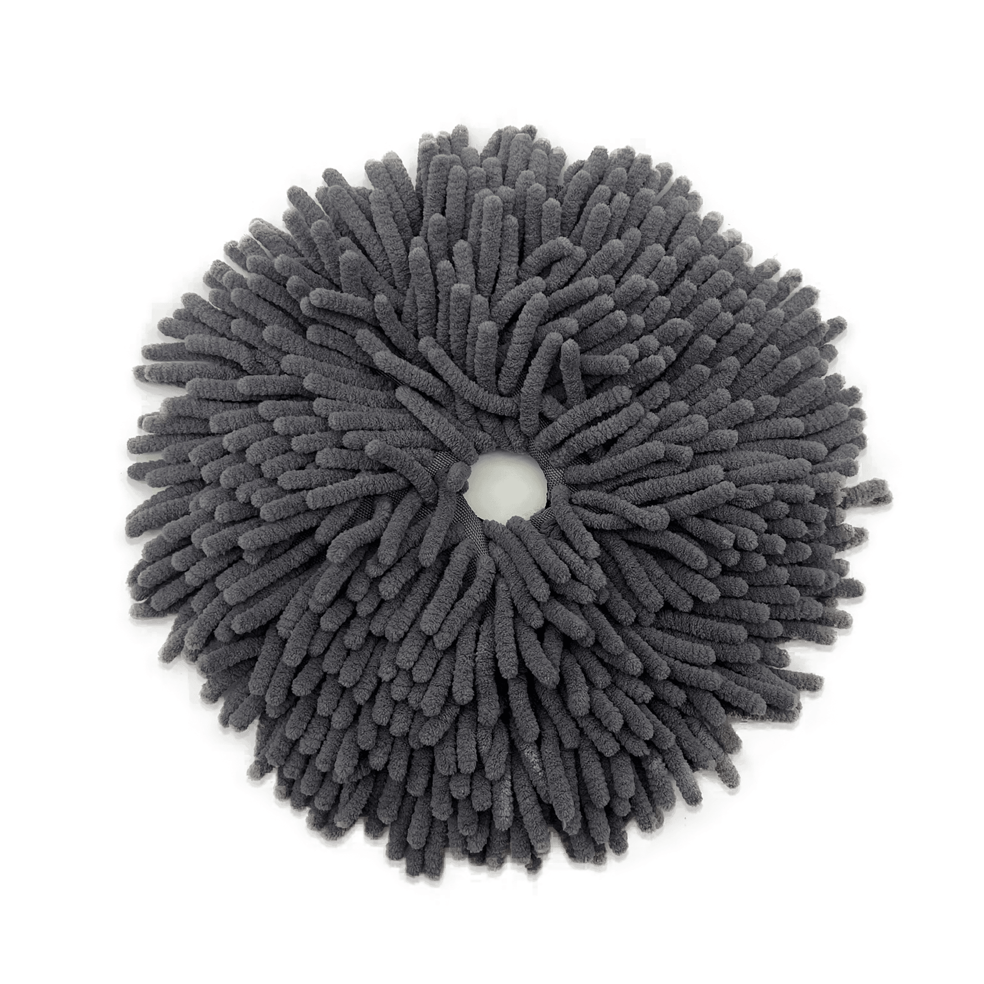 Round, gray mop head with numerous microfiber strands radiating from a central hole, viewed from above—reminiscent of the Dog Sniffing Mat Accessory by Puzzle Feeder™, designed to stimulate your pet's curiosity.