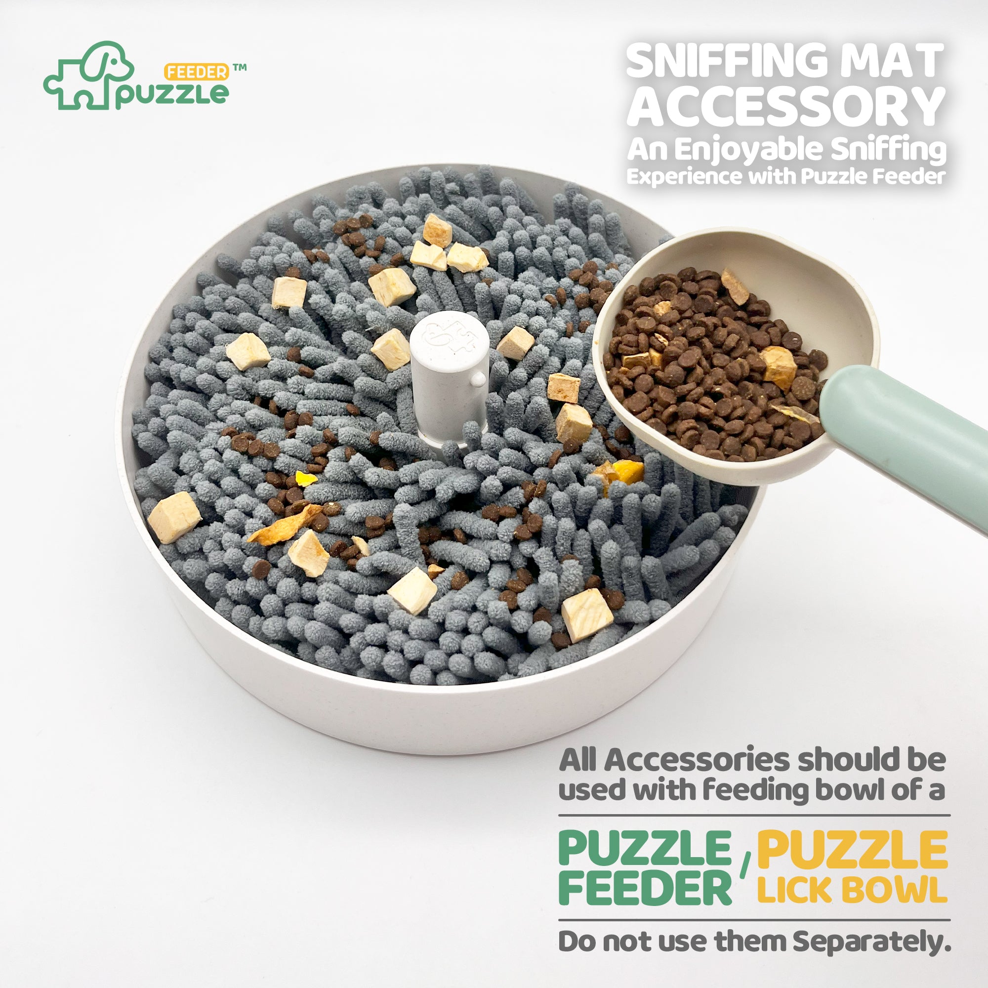 The Dog Sniffing Mat Accessory by Puzzle Feeder™ is an anxiety-reducing solution designed as a circular feeding bowl filled with textured material and small treats, complete with a scoop of kibble beside it. It’s the ideal accessory for your Puzzle Feeder™.