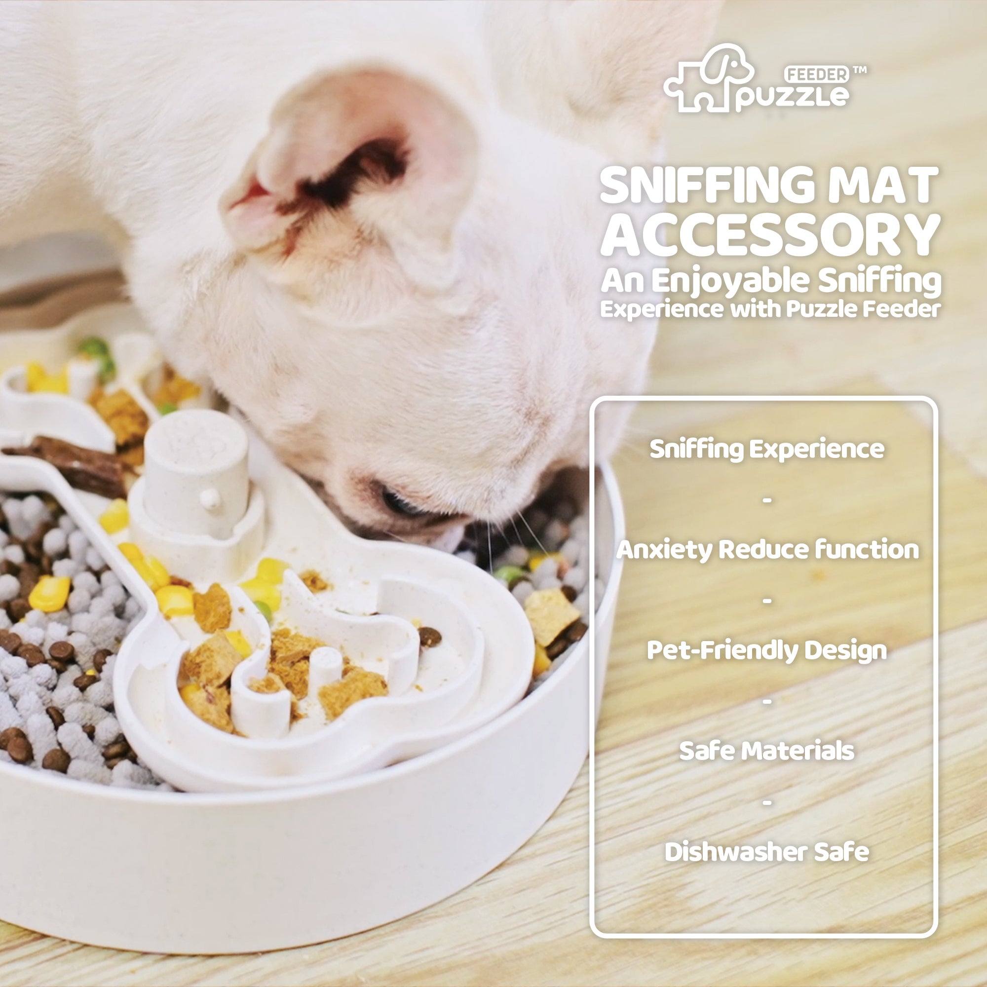 A dog uses the Dog Sniffing Mat Accessory – For Puzzle Feeder™ for feeding, which enhances their sniffing experience. Key features include an anxiety-reducing function, a pet-friendly design, safe materials, and being dishwasher safe. This accessory from Puzzle Feeder™ serves as an ideal slow feeding bowl replacement and offers an effective solution for reducing anxiety.
