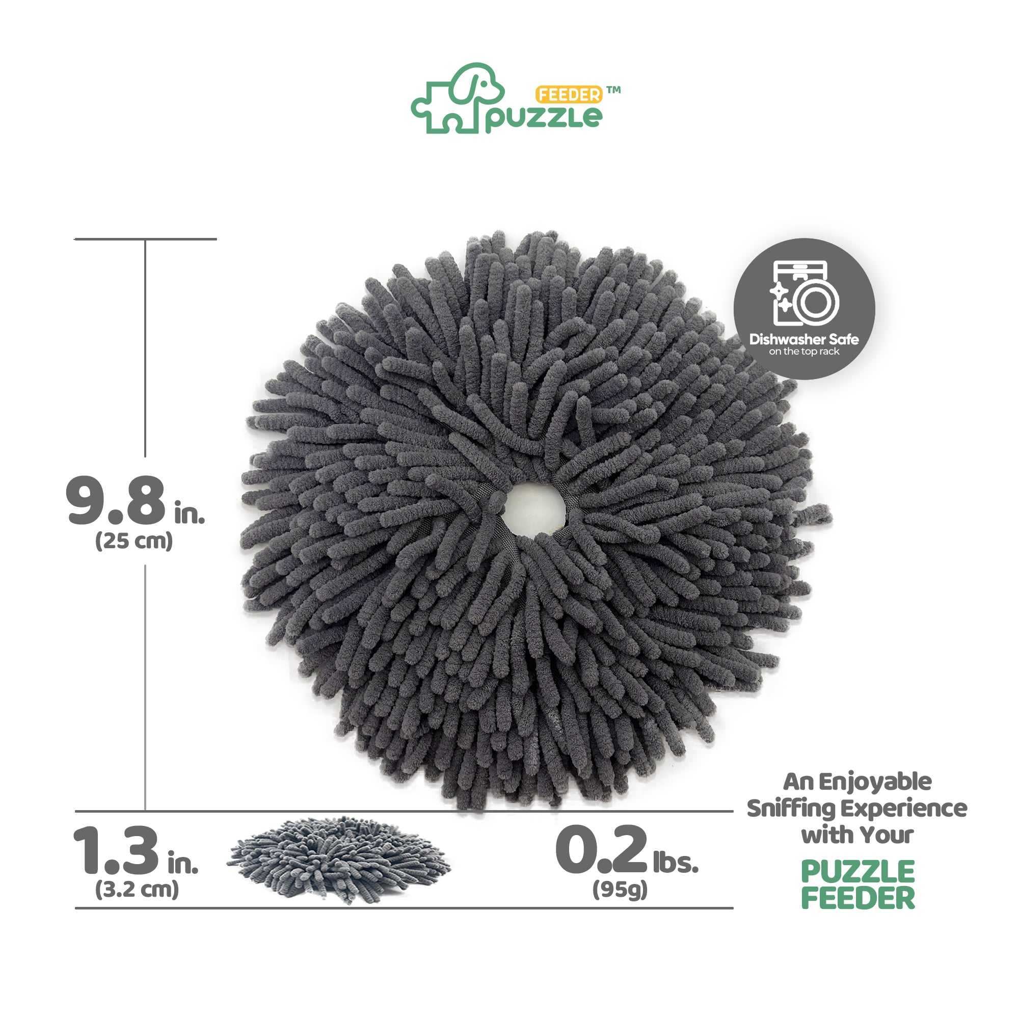 Introducing the Puzzle Feeder™ Dog Sniffing Mat Accessory - a round gray snuffle mat for pets with a 9.8-inch diameter. Dishwasher safe and weighing just 0.2 lbs, it promises an enjoyable sniffing experience as an ideal replacement for slow feeding bowls, helping to reduce anxiety during mealtime for your dog.