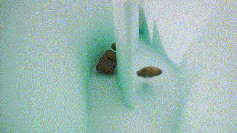 Two rocks are partially submerged in a translucent teal surface, surrounded by white, abstract puzzle shapes.