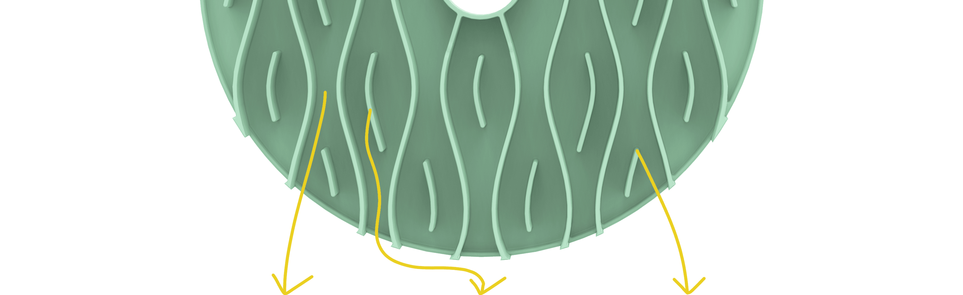 Close-up of a circular green feeder bowl with swirling line patterns and yellow arrows pointing towards it.