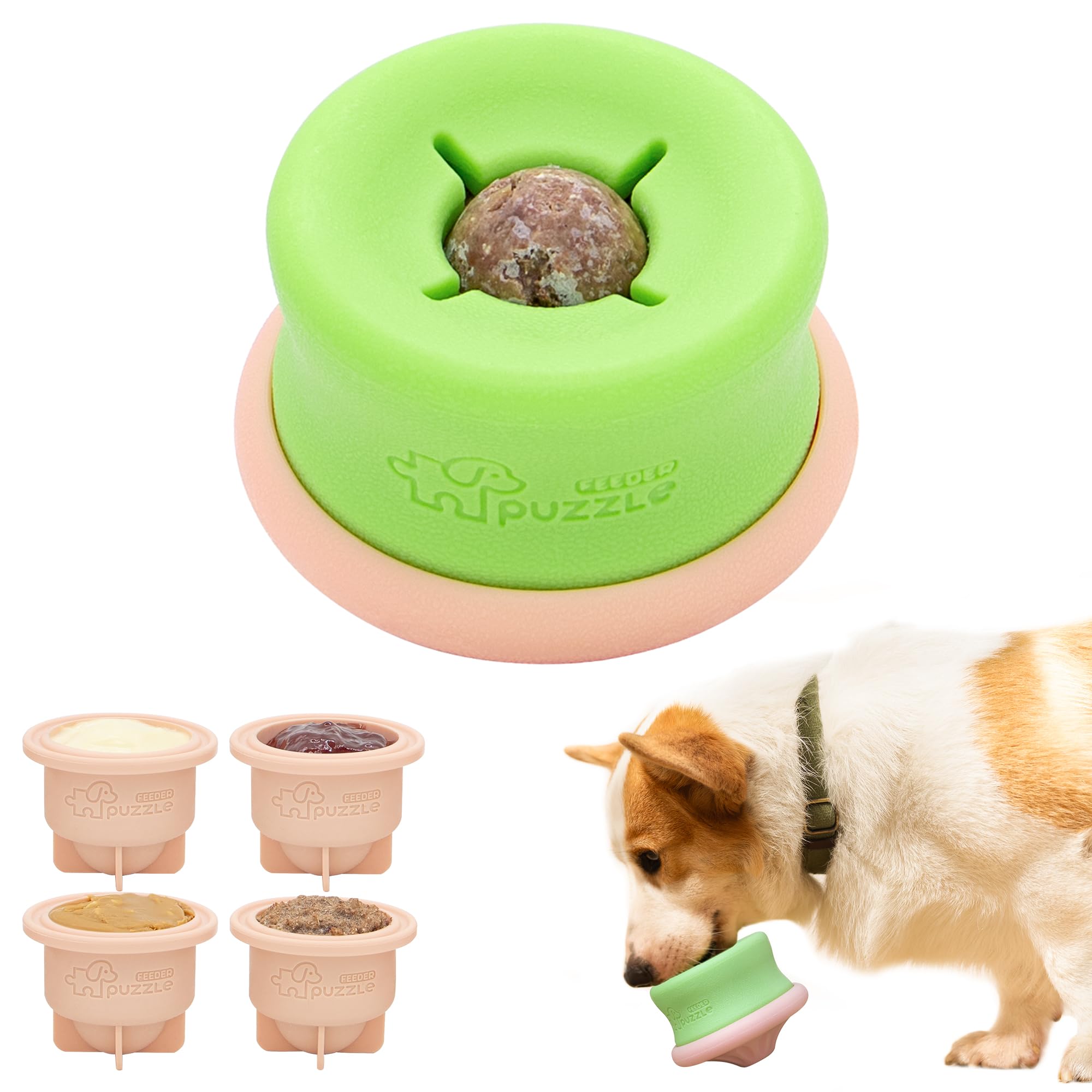 The PuzzleFeeder™ Puzzle Lickpop Pink is a pink interactive enrichment dog toy with a slow-feeding, treat-dispensing, and freezable design shown with treats and a dog playing with it.