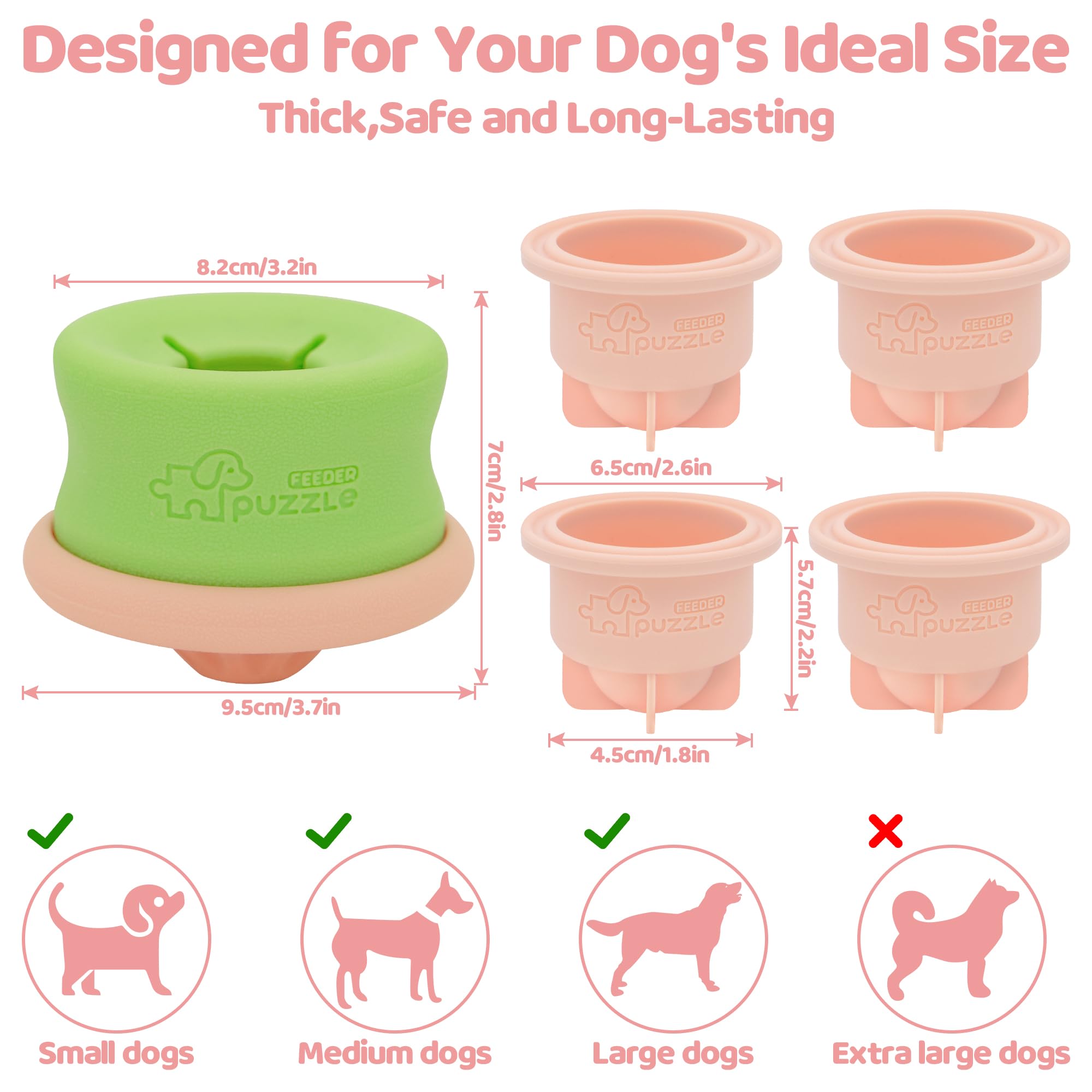 Image shows PuzzleFeeder™ Puzzle Lickpop Pink in 4 sizes with slow-feeding, treat-dispensing, and freezable features for small, medium, and large dogs—perfect for interactive enrichment but not recommended for extra large dogs.