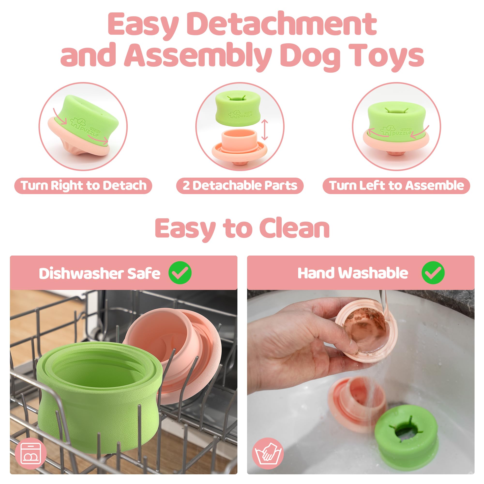The infographic showcases PuzzleFeeder™ Puzzle Lickpop Pink, an interactive, slow-feeding dog toy with two detachable parts for easy assembly, dishwasher-safe and hand-washable cleaning, treat dispensing, and freezable fun.