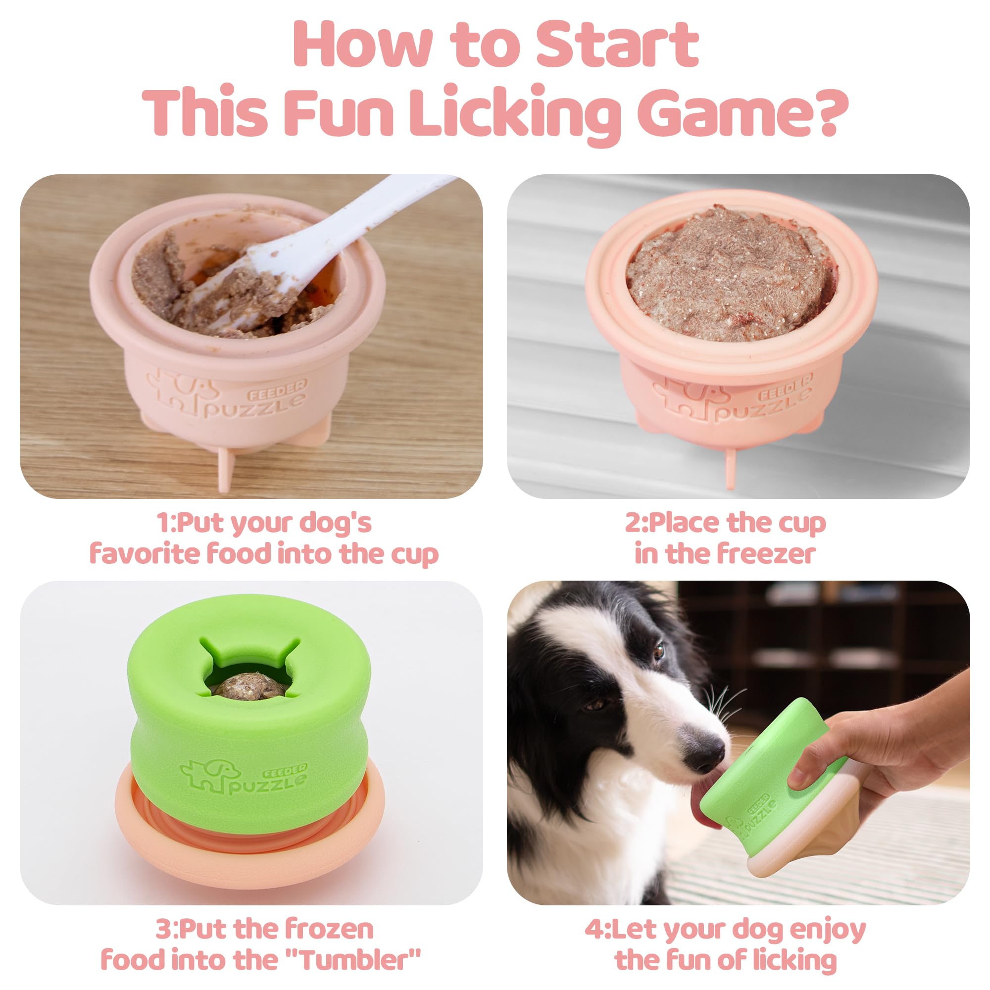Step-by-step guide to preparing and serving a frozen treat using the PuzzleFeeder™ Puzzle Lickpop Pink, an interactive enrichment dog toy with slow feeding and treat dispensing features, showing a dog licking the final frozen treat.