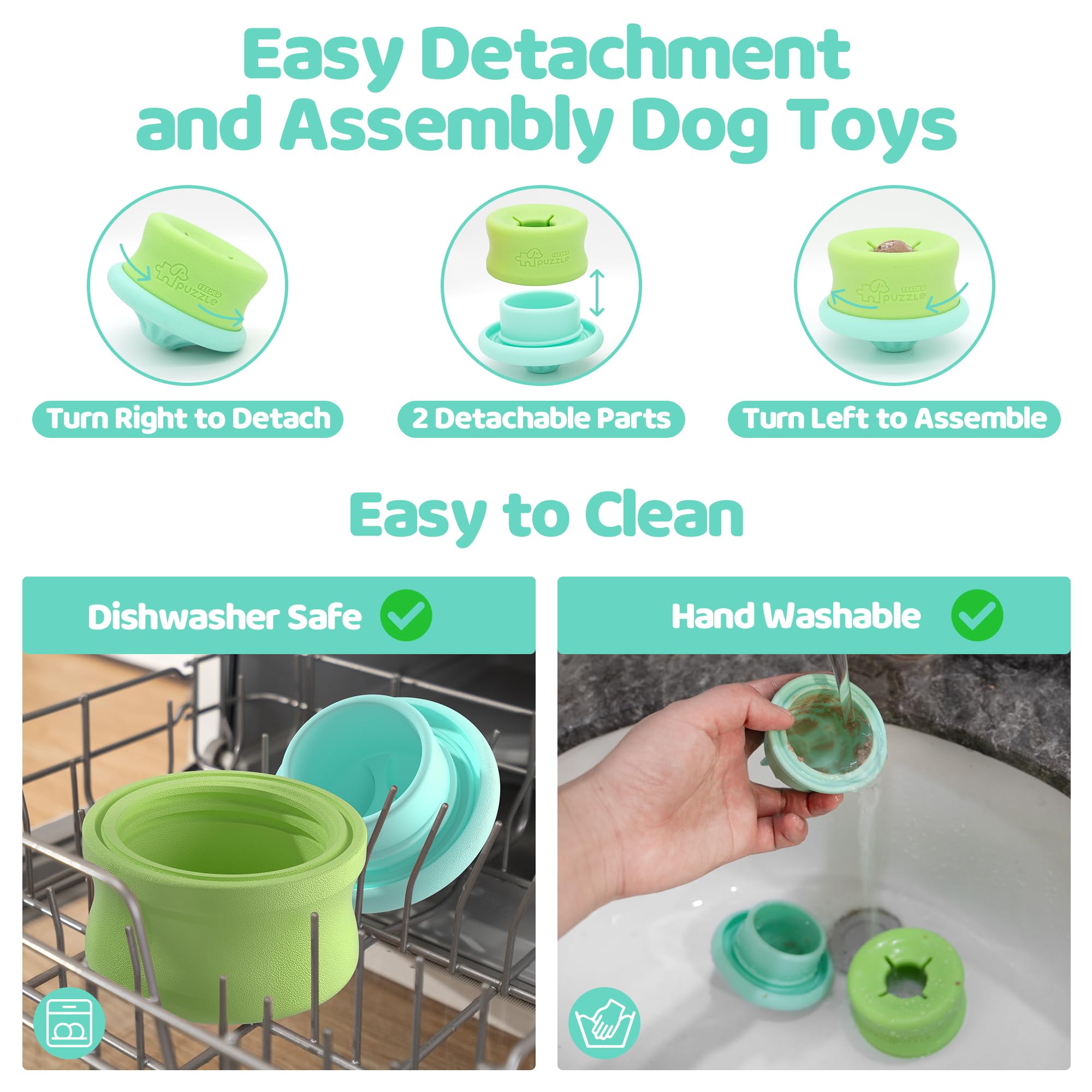 The PuzzleFeeder™ Puzzle Lickpop Blue dog toy features two detachable parts for easy cleaning by hand or dishwasher. This blue interactive enrichment toy is slow-feeding, treat-dispensing, and freezable to keep dogs busy.