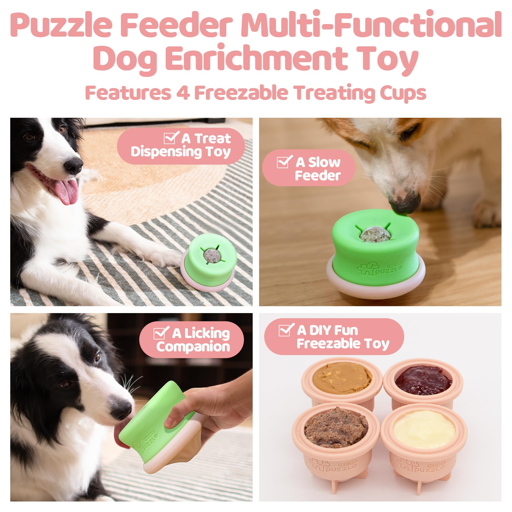 Four images show the PuzzleFeeder™ Puzzle Lickpop Pink, an interactive enrichment dog toy by PuzzleFeeder™, used as a treat dispenser, slow feeder, lick companion, and freezable treat cup with various fillings.