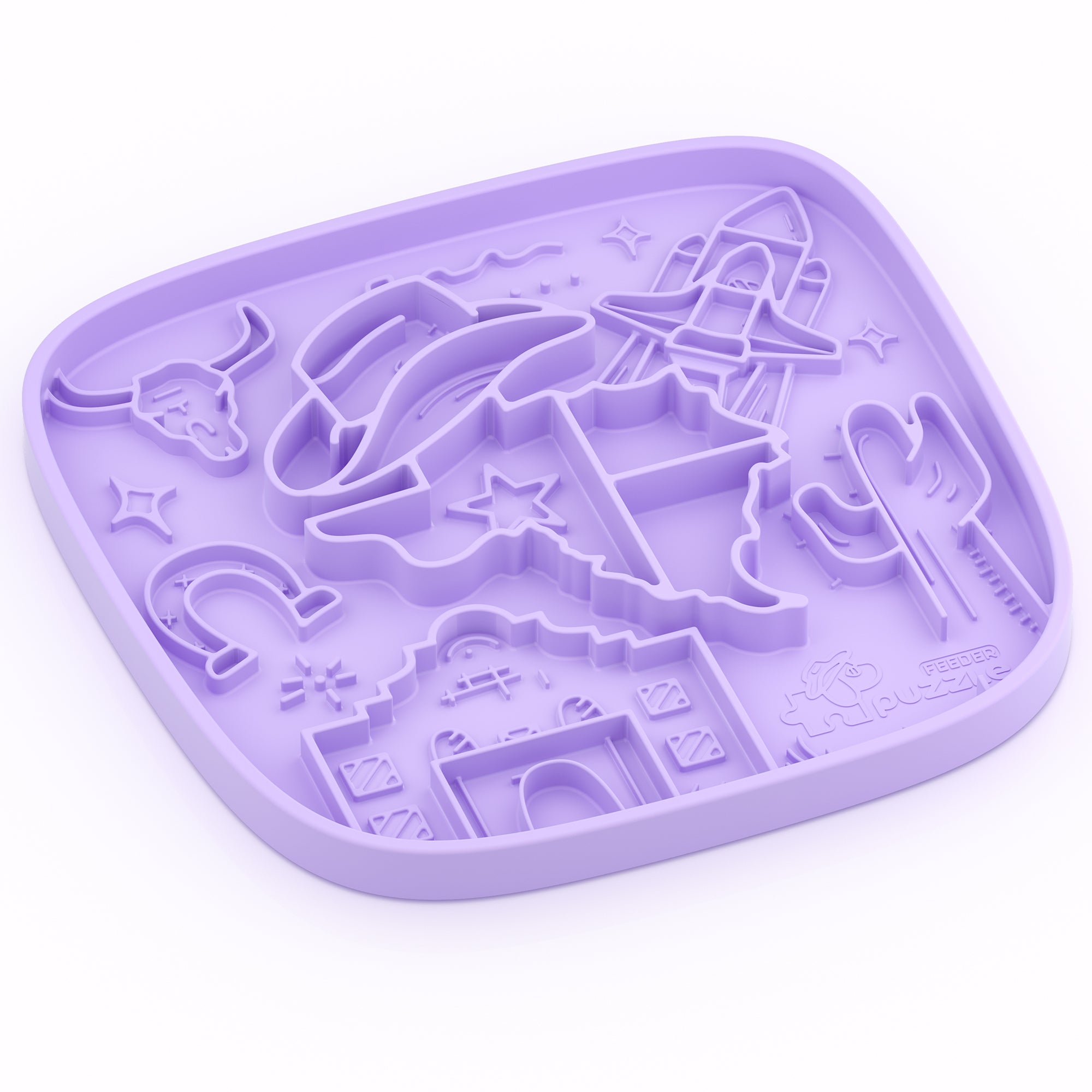 The Puzzle Feeder™ Texas Themed Lick Mat is a purple silicone plate featuring cowboy designs like a hat, star, boot, horse, cactus, and horseshoe. It promotes healthy eating habits while serving as a slow feeding mat to relieve anxiety and stress during meals.