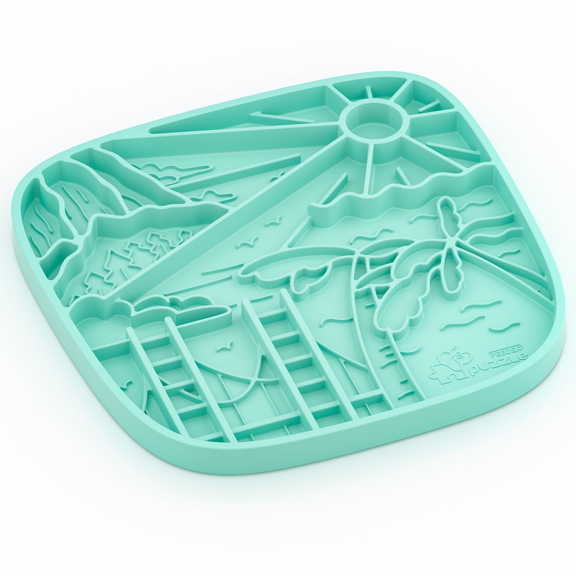 The light green silicone California Themed Lick Mat by Puzzle Feeder™ features sections with a sun, palm trees, clouds, and birds to promote healthy digestion and slow eating.