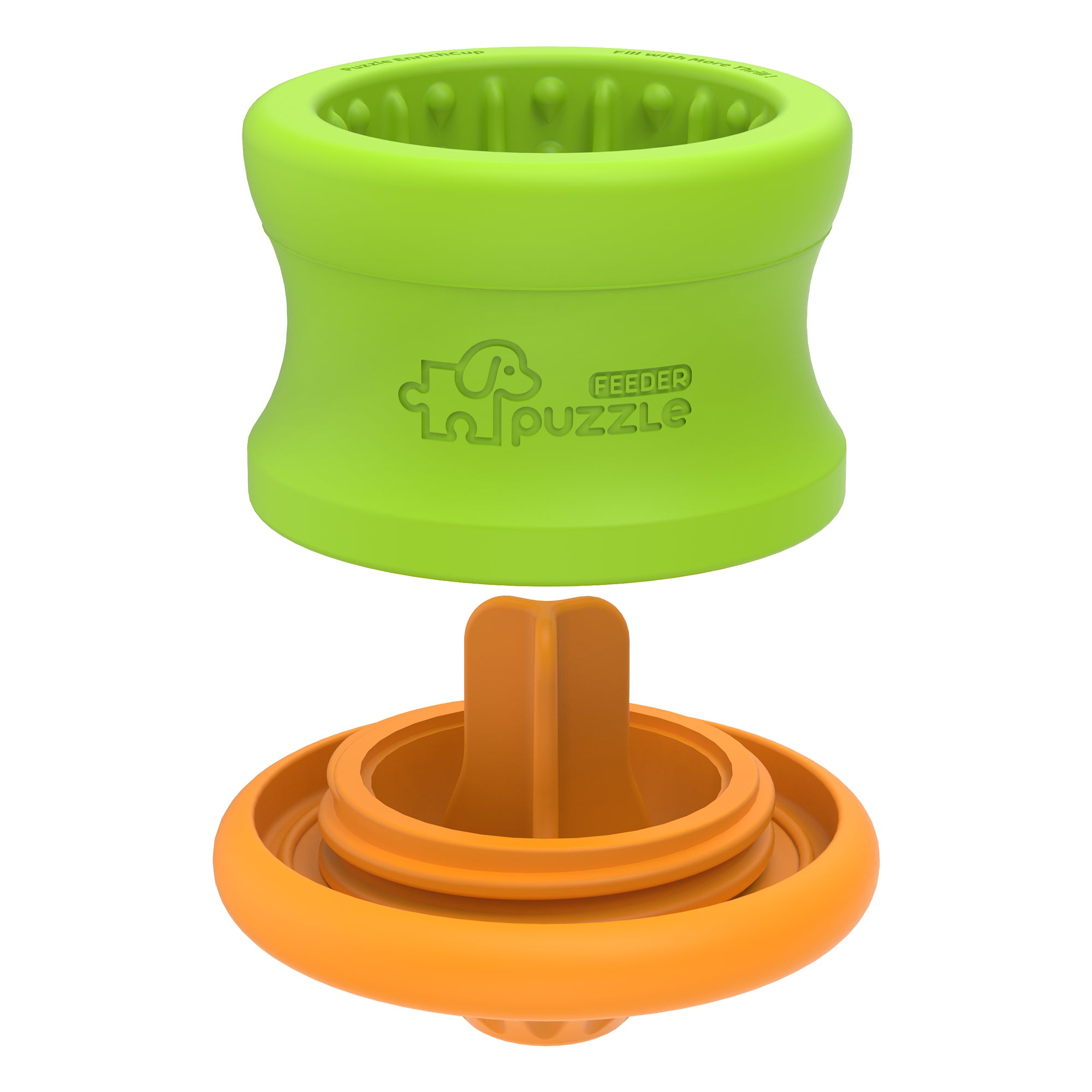 The Puzzle Feeder™ Dog Puzzle Tumbler M is an eco-friendly, green and orange puzzle feeder with a cylindrical design and internal maze to promote slow feeding, making it ideal for enriching your dog's mealtime experience. It is also dishwasher-safe for effortless cleaning.