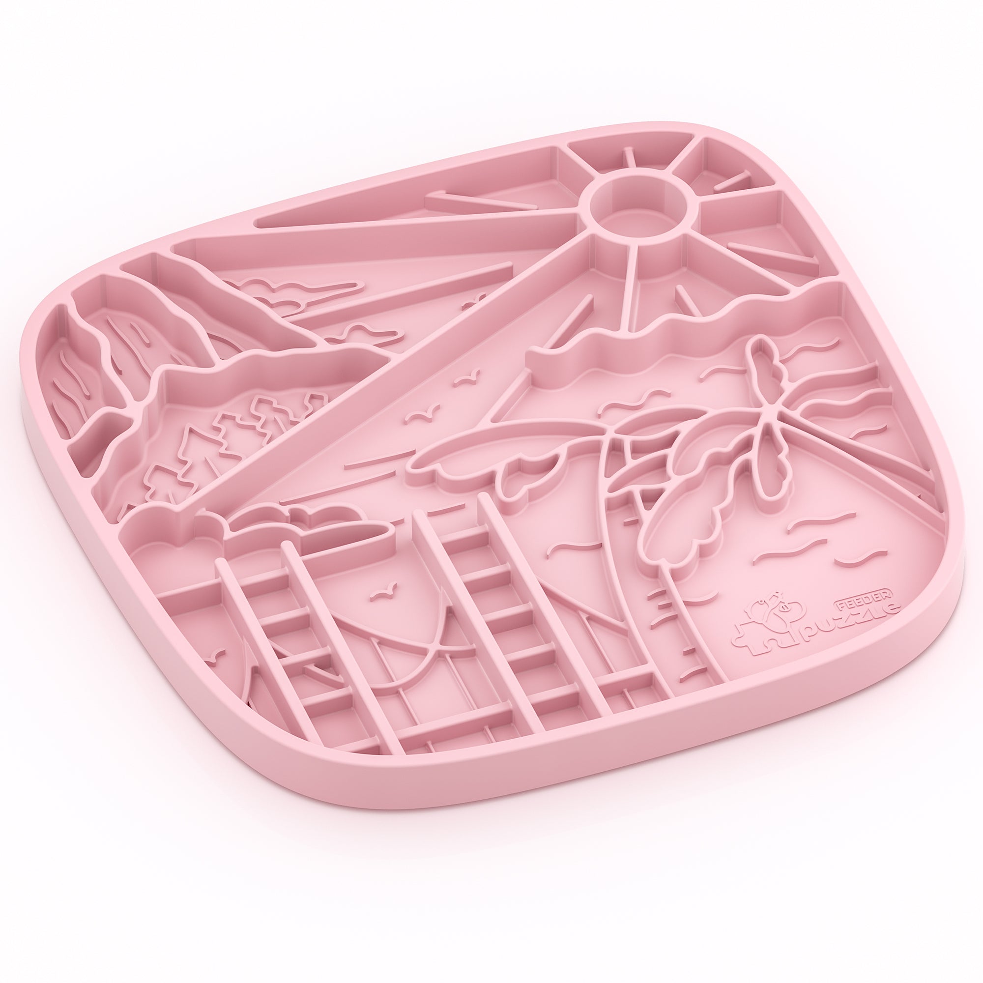 The California Themed Lick Mat by Puzzle Feeder™ is a pink tray featuring sections with a tropical beach scene of sun, palm trees, mountains, and waves. Its design promotes slow eating and healthy digestion in a calm setting.