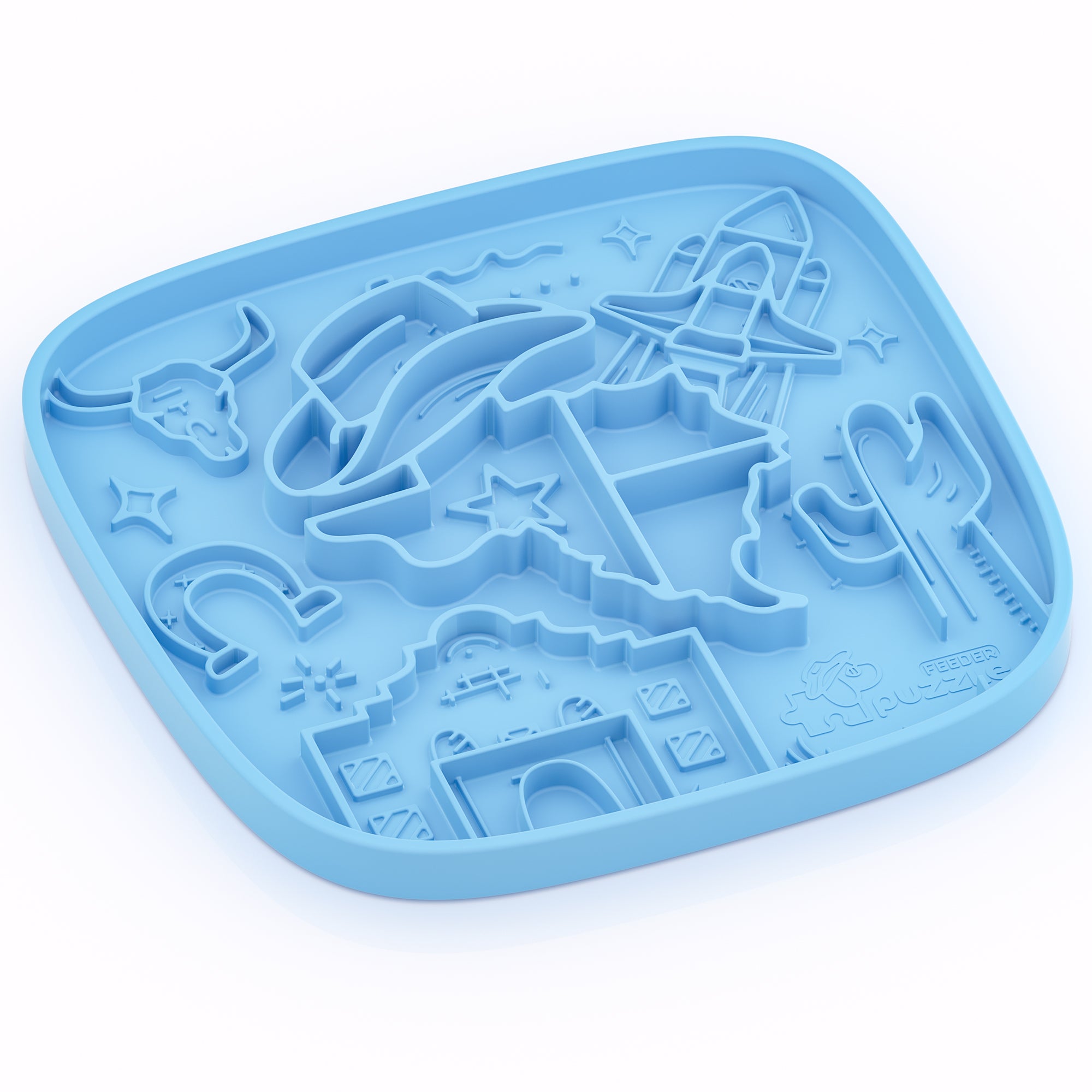 Puzzle Feeder™ Texas Themed Lick Mat - Slow Feeding Mat: This blue silicone mat features western-themed shapes like a cowboy hat, cactus, and stars. It promotes healthy eating and reduces anxiety for pets while adding a Wild West touch to your home.