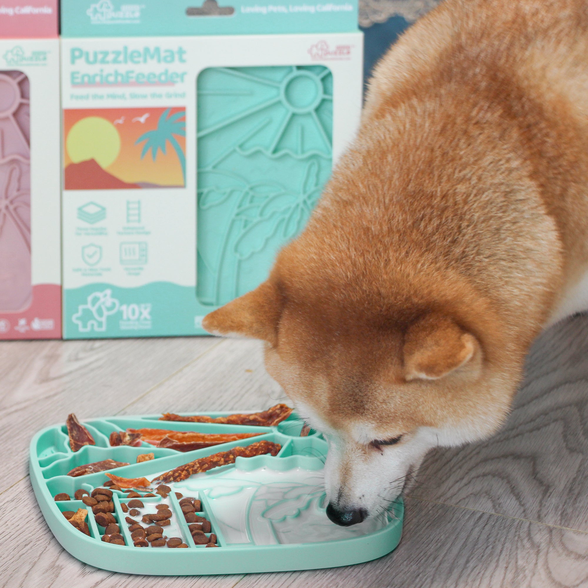 A dog enjoys kibble and treats from a turquoise California Themed Lick Mat by Puzzle Feeder™, promoting slow eating and healthy digestion, while two of their puzzle feeder boxes with California designs set the scene in the background.