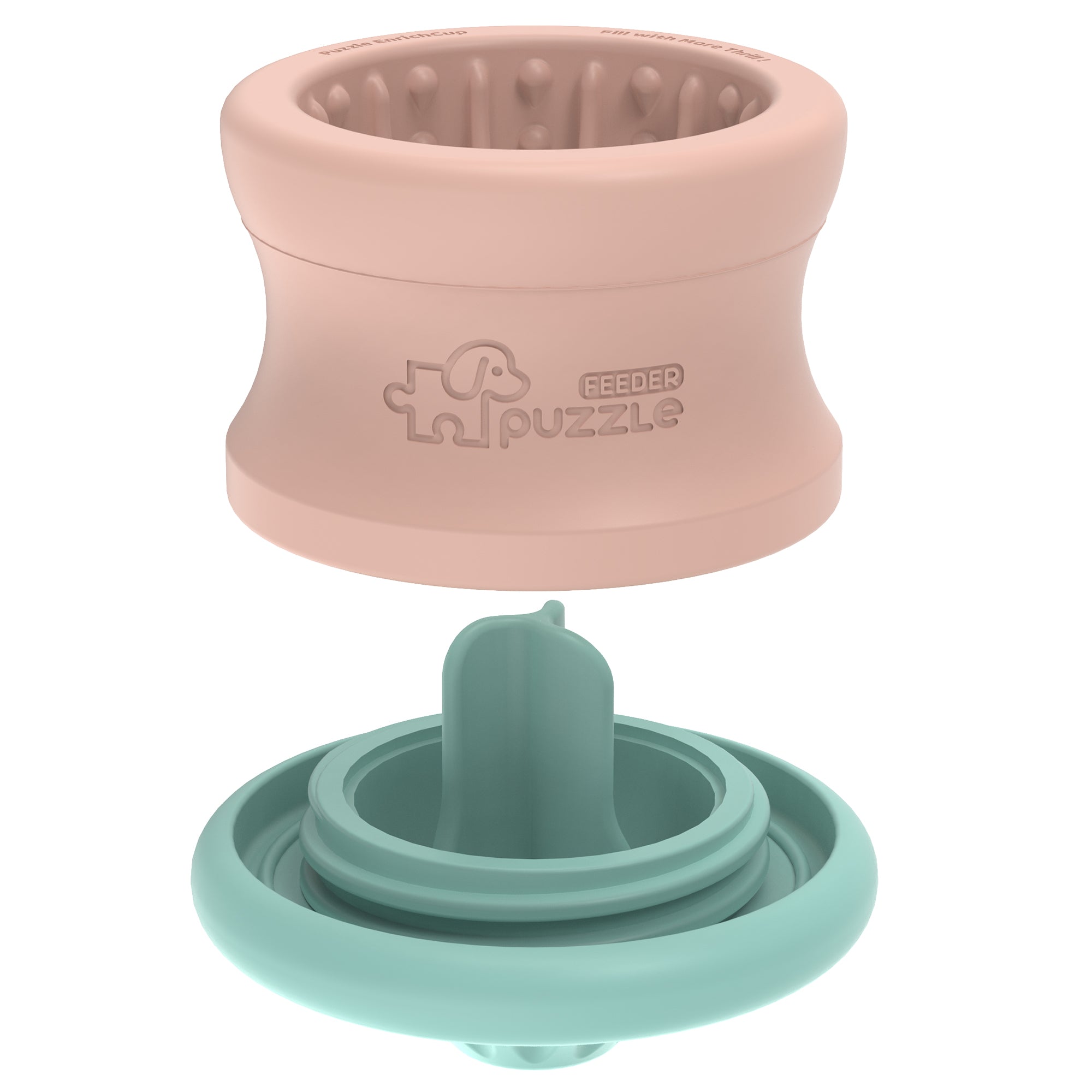 The Dog Puzzle Tumbler by Puzzle Feeder™, designed for large and extra-large pups, is a beige and mint green enrichment toy made from eco-friendly material. It features a two-part design with a textured interior to enhance mealtime enjoyment.