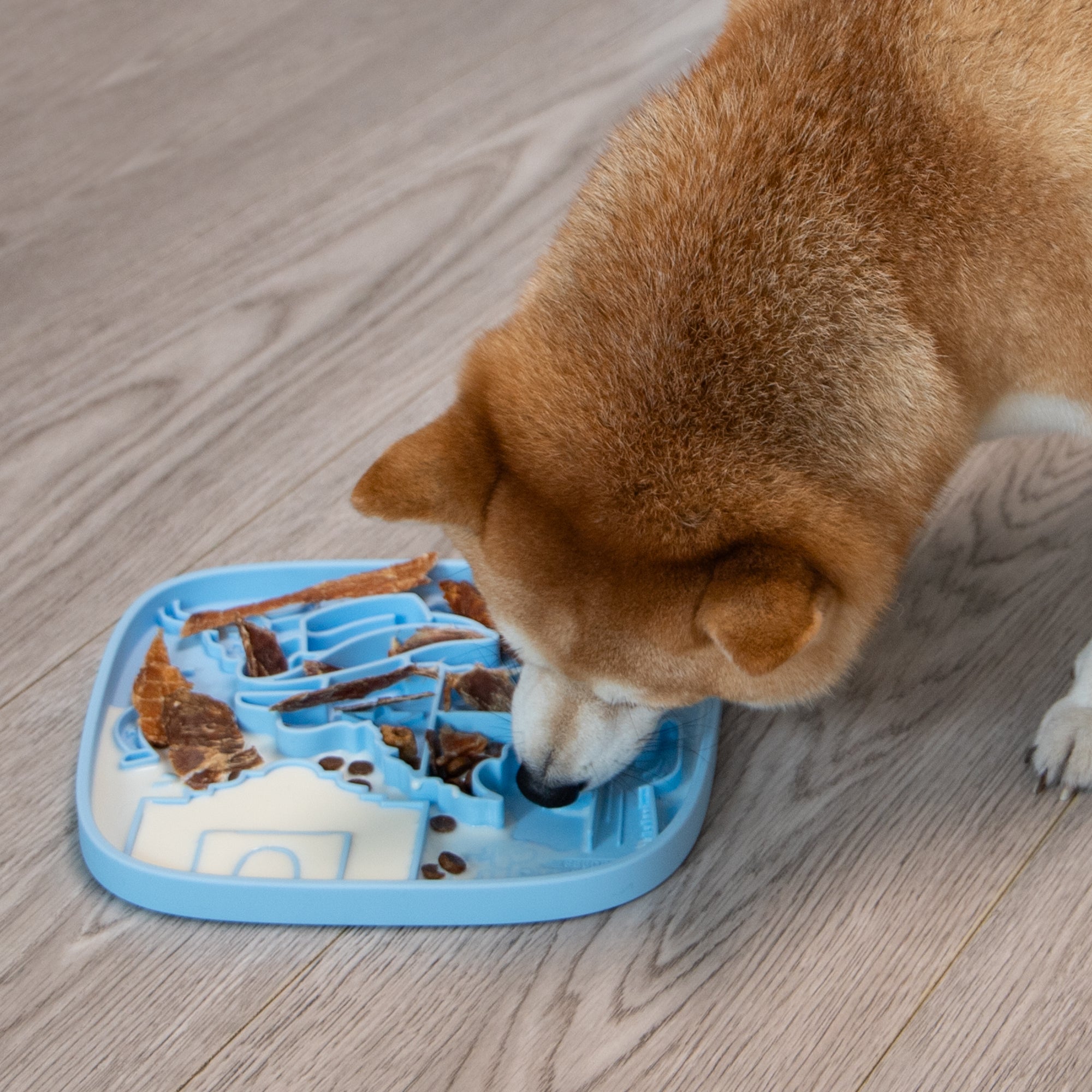 A dog enjoys a Texas Themed Lick Mat by Puzzle Feeder™ on a wooden floor, promoting healthy digestion and relieving anxiety.