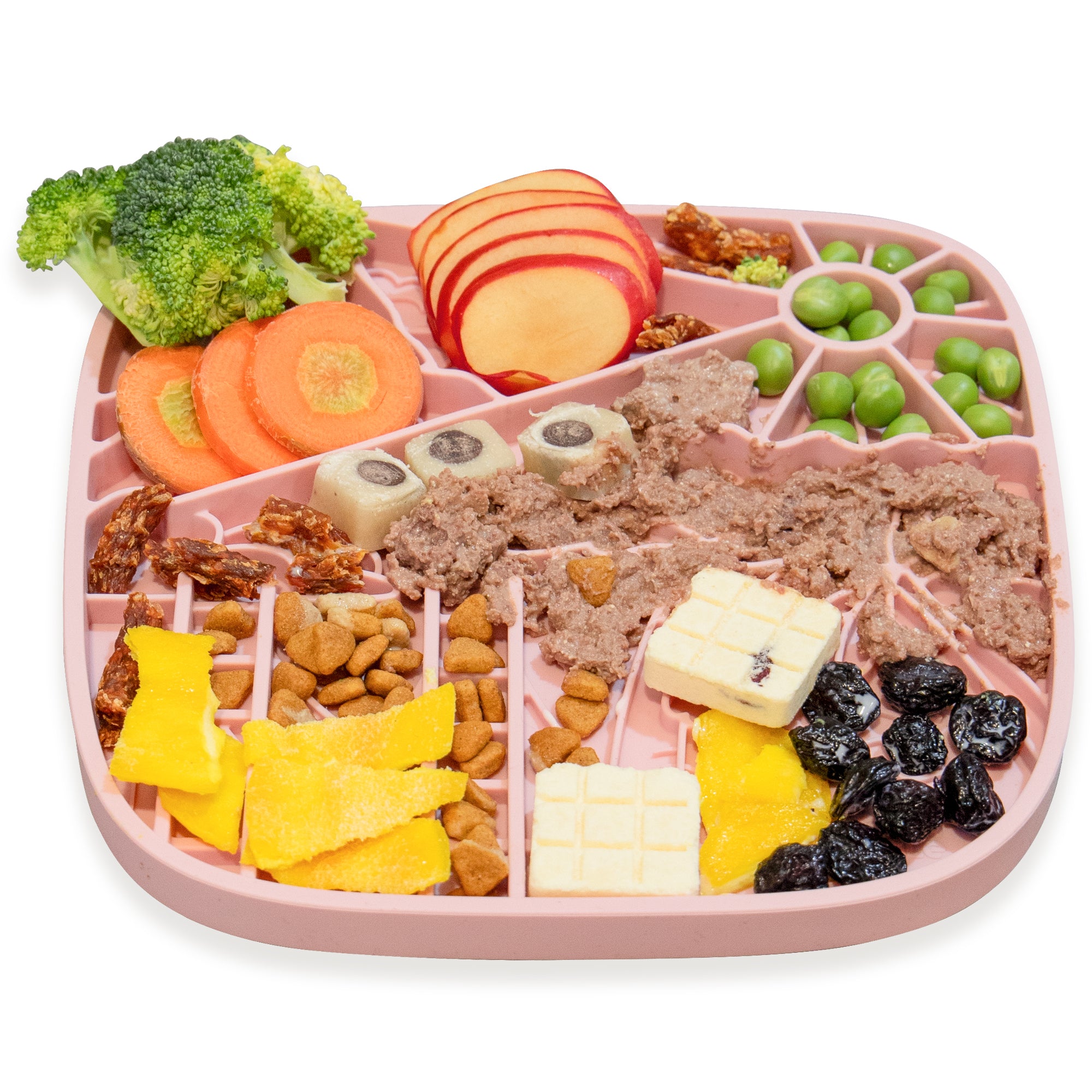 The California Themed Lick Mat by Puzzle Feeder™ embodies a California-inspired design with sections for diverse snacks like broccoli, carrot slices, apple slices, peas, dried fruits, crackers, and cheese cubes. Ideal for promoting slow eating and healthy digestion.