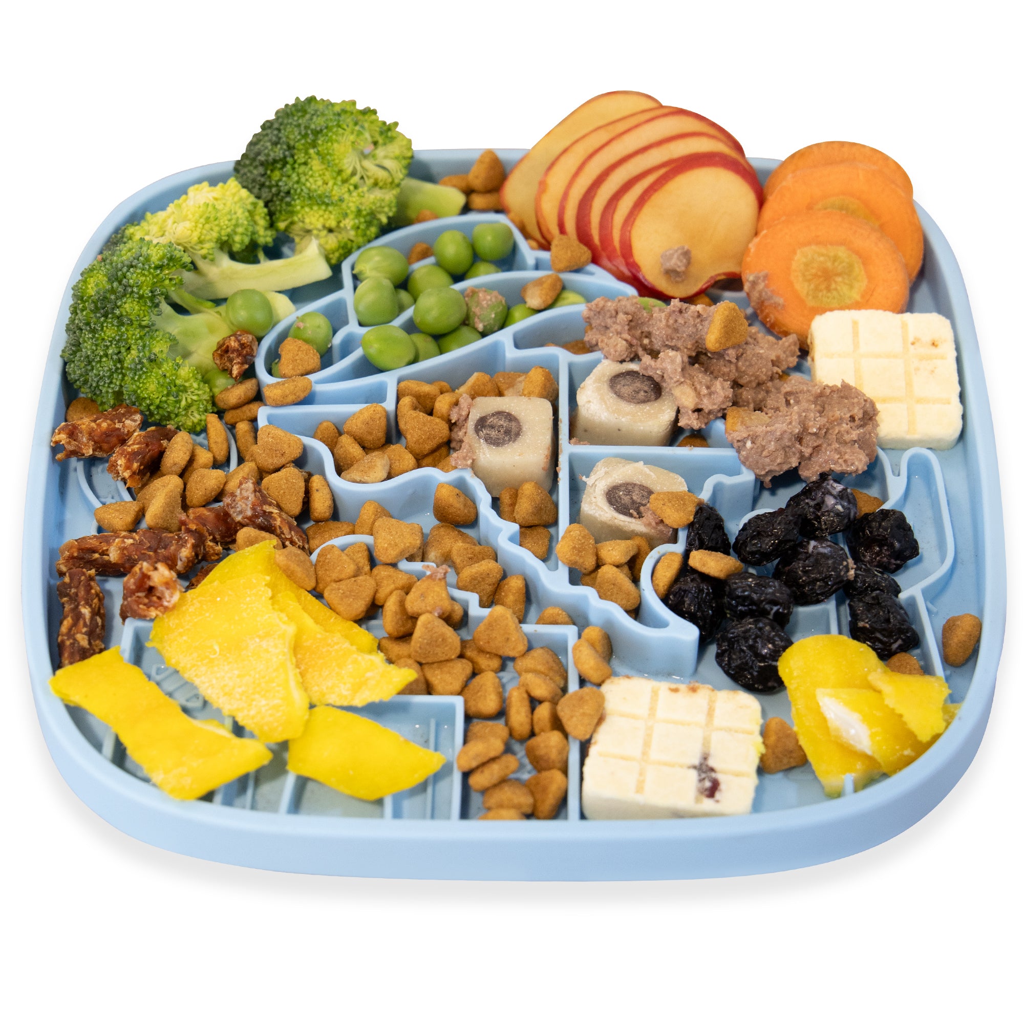 The Puzzle Feeder™ Texas Themed Lick Mat - Slow Feeding Mat features a divided blue plate with broccoli, peas, apple slices, carrots, meat, cheese cubes, prunes, yellow fruit slices, and dry pellets—ideal for promoting healthy digestion and relieving anxiety.