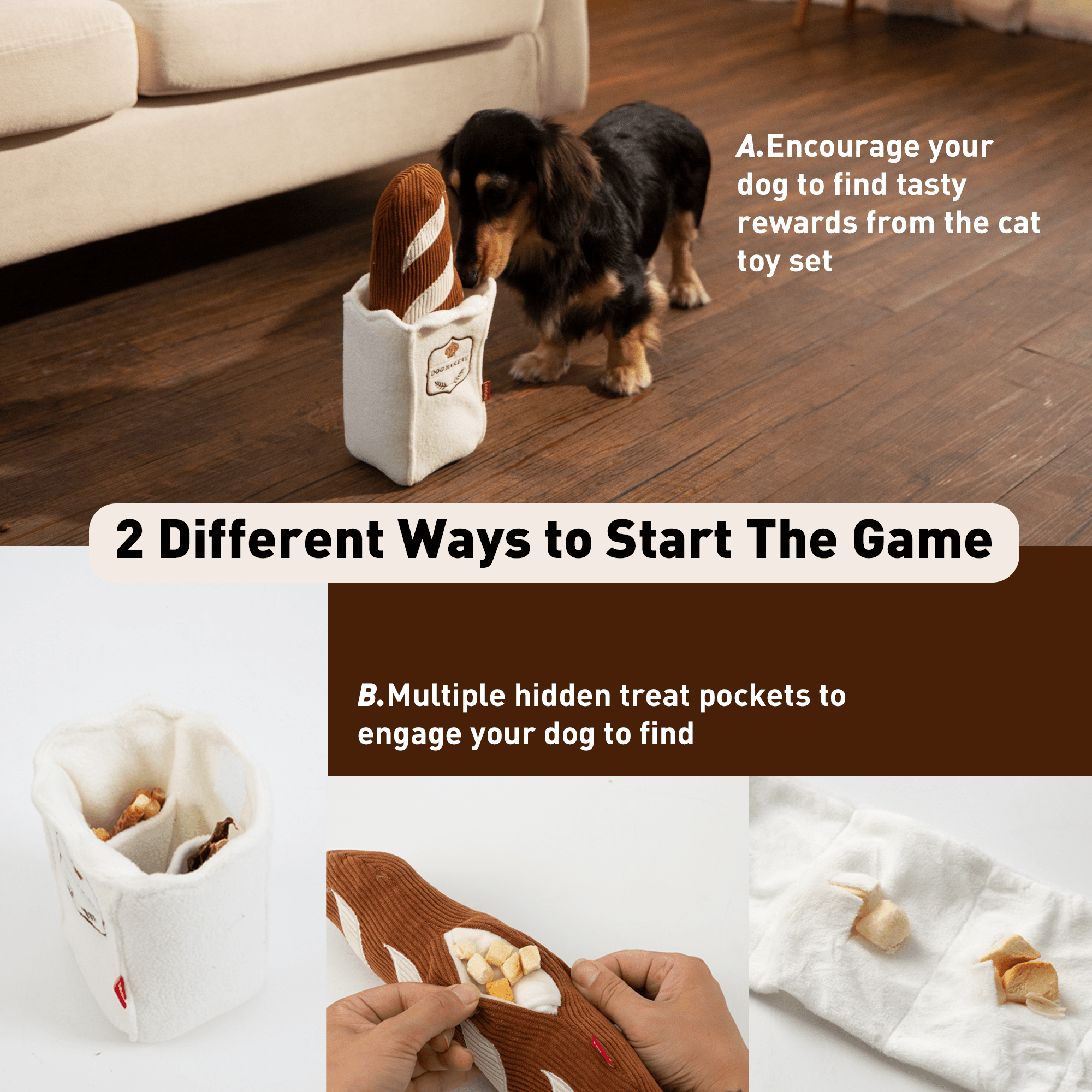 Puzzle Feeder Baguette Dog Toy Interactive Enrichment Snuffle Toy, Treat Dispensing Plush Toy