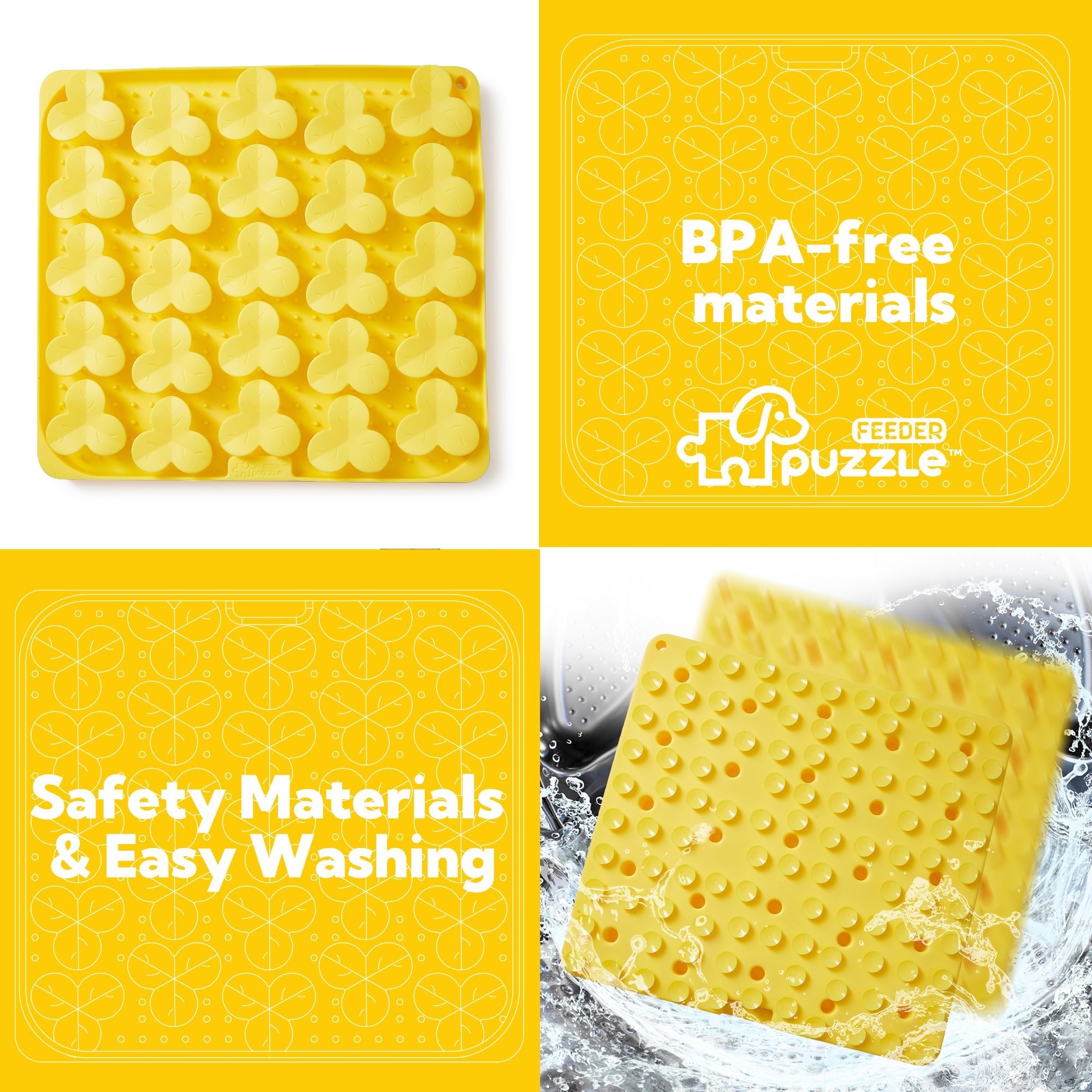 Four images of the Dog Puzzle Mat - Feed with Nature (Wheat-Yellow) by Puzzle Feeder™, showcasing non-toxic materials, "Safety Materials & Easy Washing," and depicted being rinsed with water. The BPA-free, biomimetic design ensures your pet's safety while catering to their natural sniffing instincts.