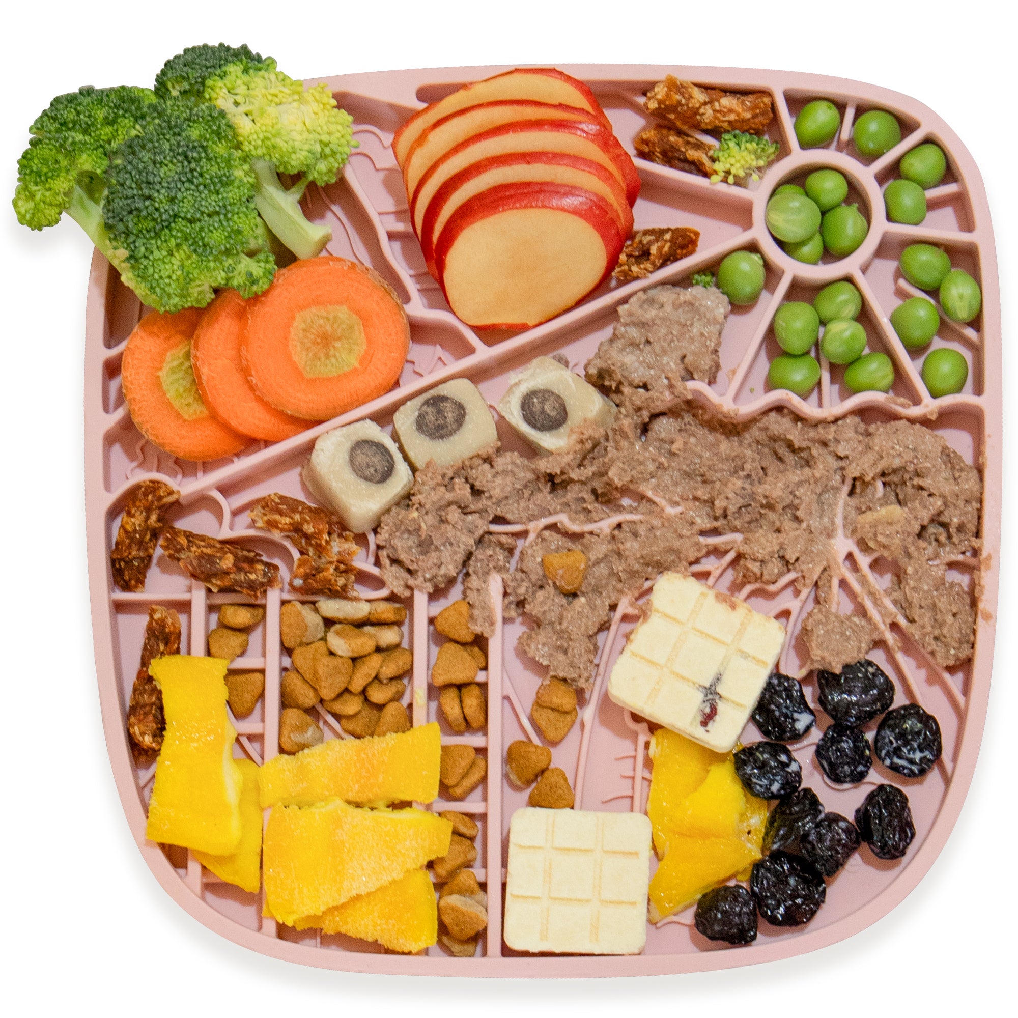 The California Themed Lick Mat by Puzzle Feeder™ is a divided plate for slow eating with broccoli, carrots, apple slices, peas, dates, mango pieces, meat chunks, cheese squares, and bone-shaped treats to aid digestion.