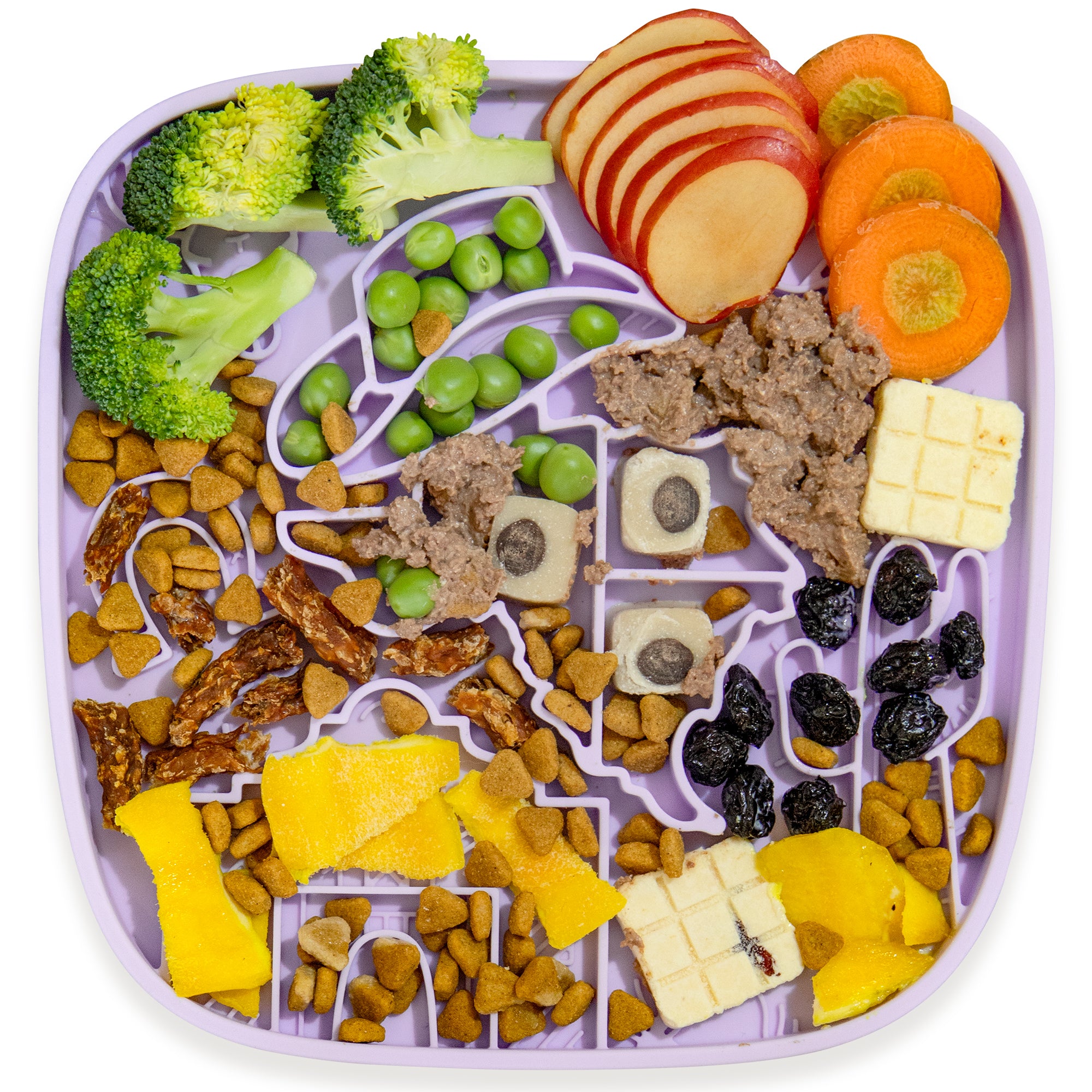 A Puzzle Feeder™ Texas Themed Lick Mat, in purple, is filled with broccoli, peas, sliced apples, carrots, meat chunks, dry food, dried fruits, and cheese to aid healthy digestion.