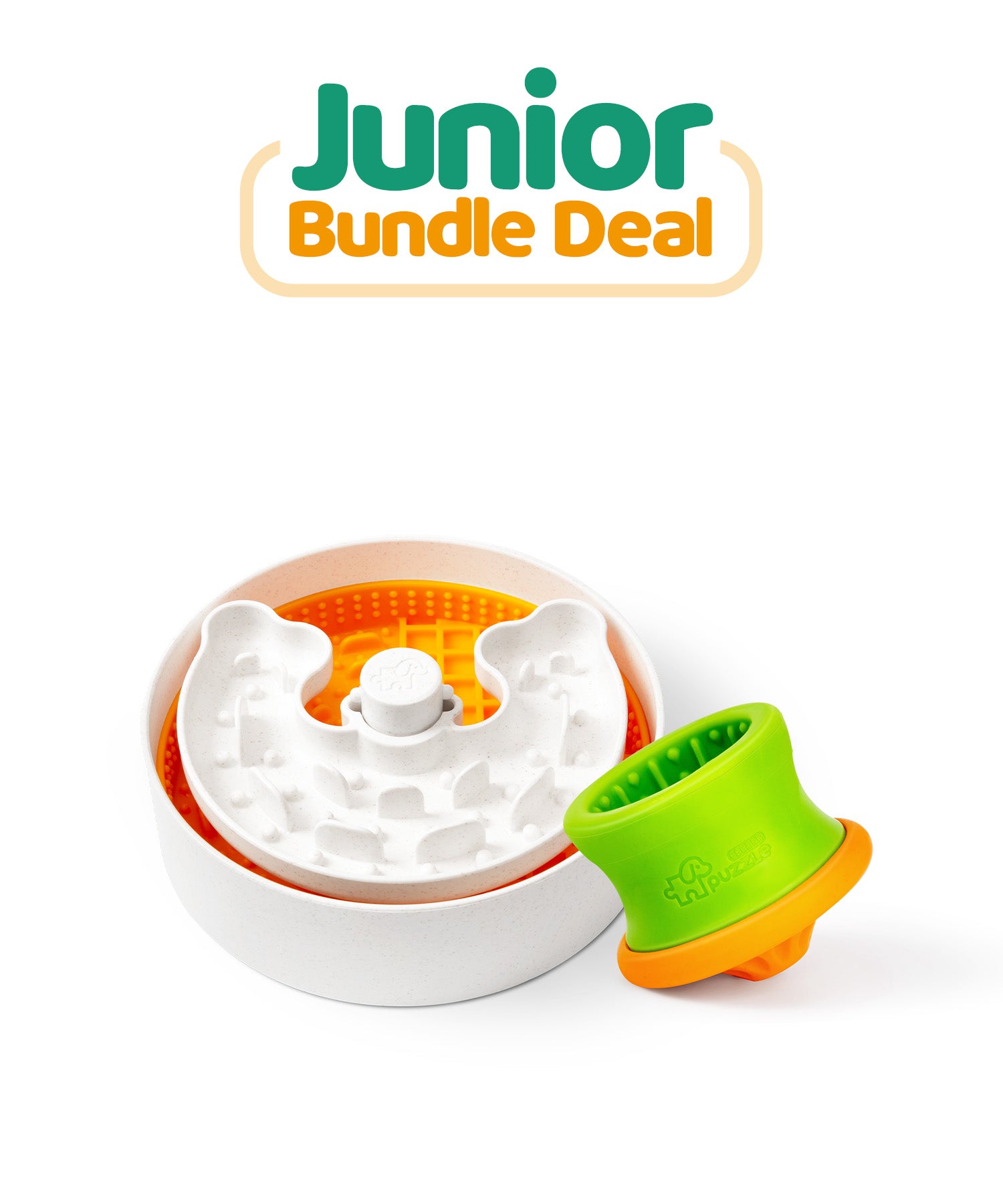 Introducing the "Junior Bundle Deal" by Puzzle Feeder™, a pet feeding set designed to promote healthy eating habits. It includes a white slow feeder dog bowl with an orange base and a green puzzle attachment, making mealtime both fun and engaging.