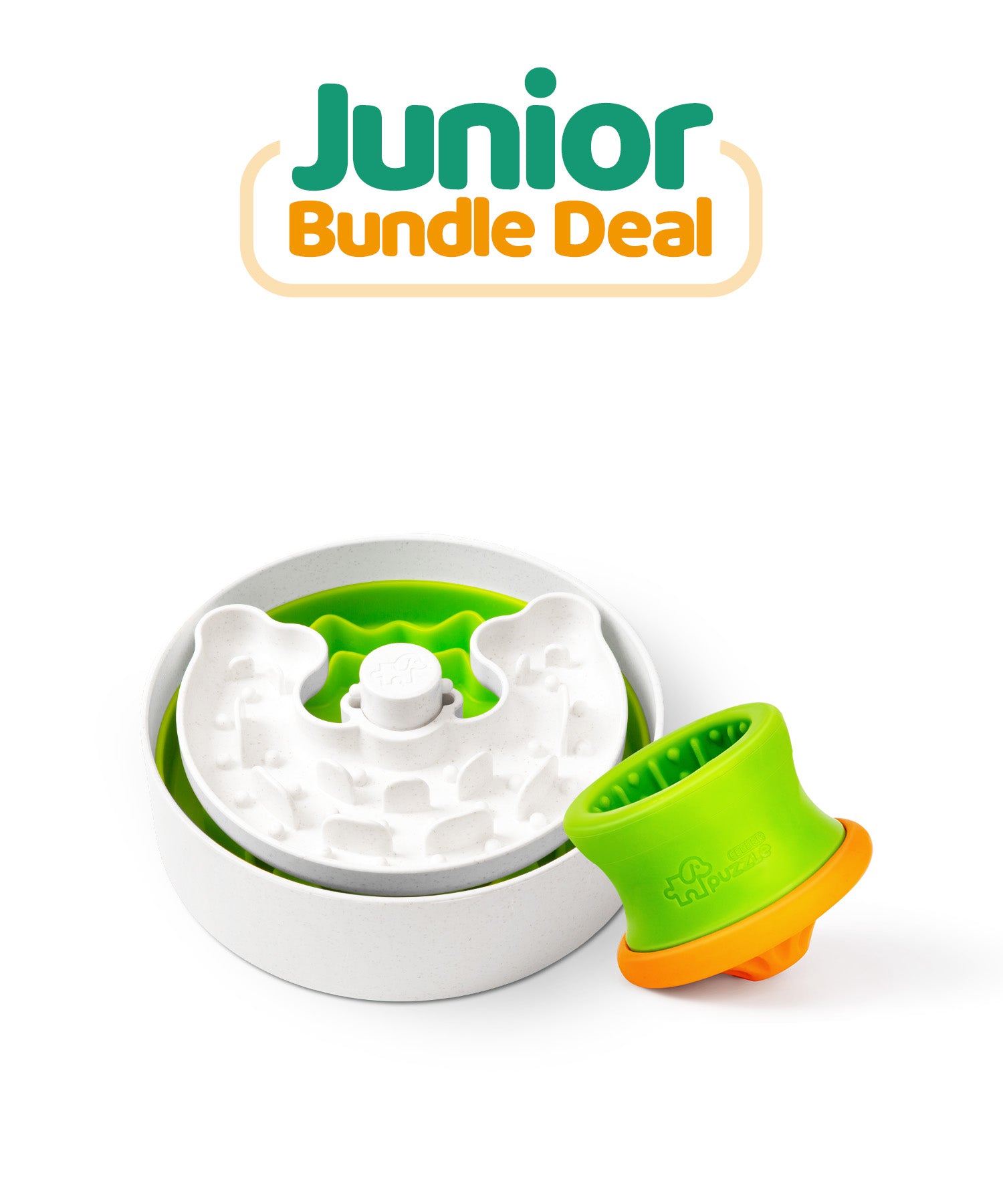 Junior Bundle Deal by Puzzle Feeder™ includes a white and green interactive feeder that promotes healthy eating habits and a vibrant green and orange toy.