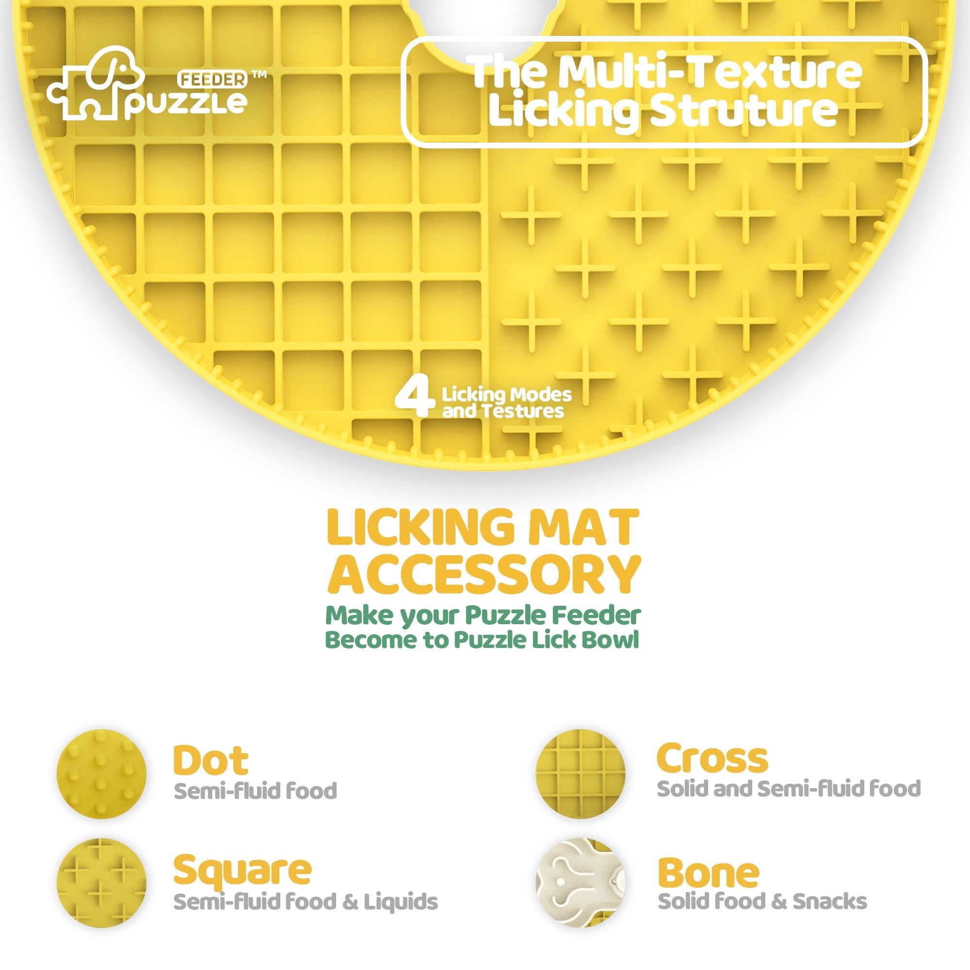 Dog Licking Mat Accessory - For Puzzle Lick Bowl from Puzzle Feeder™ in yellow features four distinct textures: Dot (semi-fluid food), Square (semi-fluid food & liquids), Cross (solid and semi-fluid food), and Bone (solid food & snacks). The caption for this item reads, "The Multi-Texture Licking Structure.