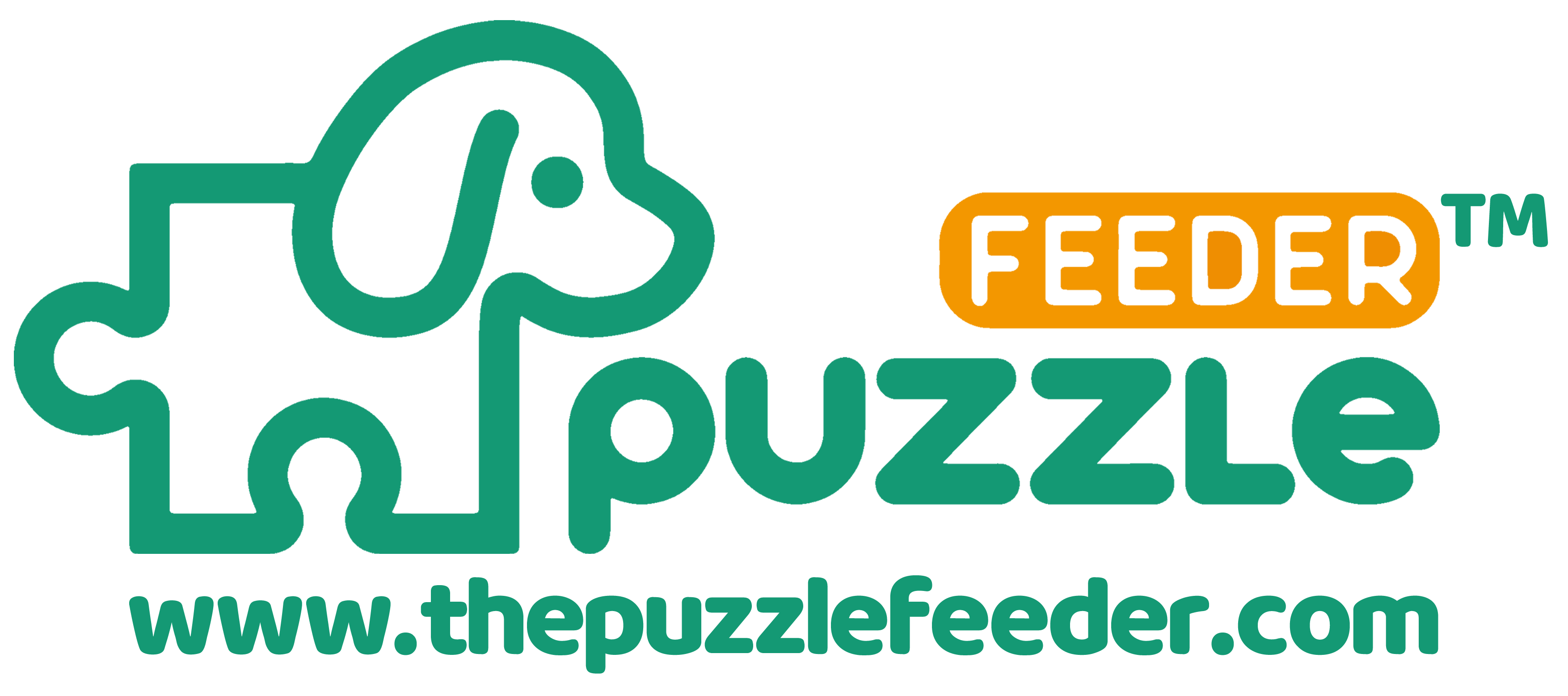 Logo featuring a green dog puzzle piece design resembling a dog bowl, with the text "puzzle feeder" and "www.thepuzzlefeeder.com" in green and orange.