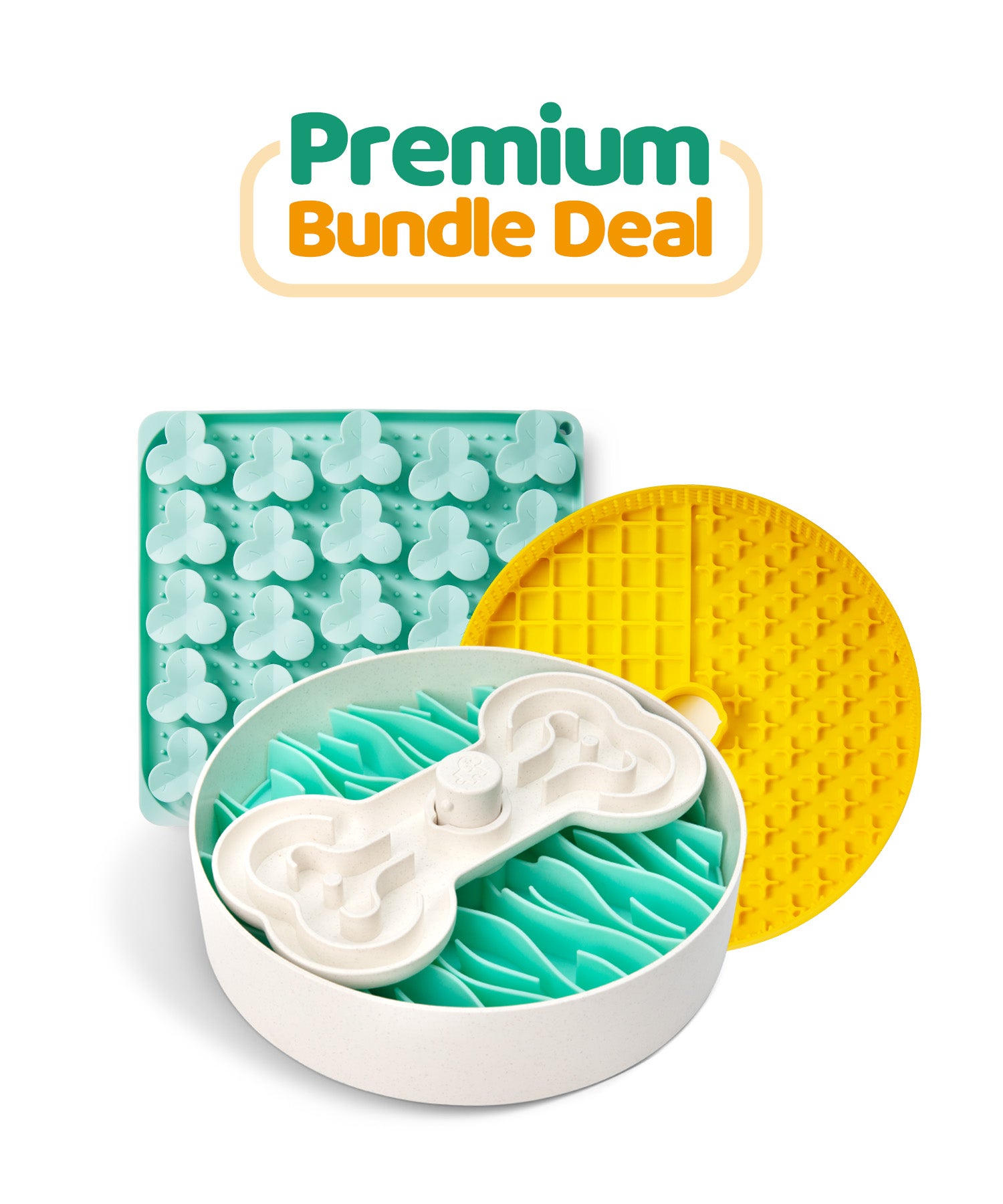 Puzzle Feeder™ offers a "Premium Bundle Deal" featuring an assortment of pet feeding puzzle toys, including puzzle feeders and slow feeder dog bowls, available in various shapes and colors to encourage healthy eating habits for your furry friend.